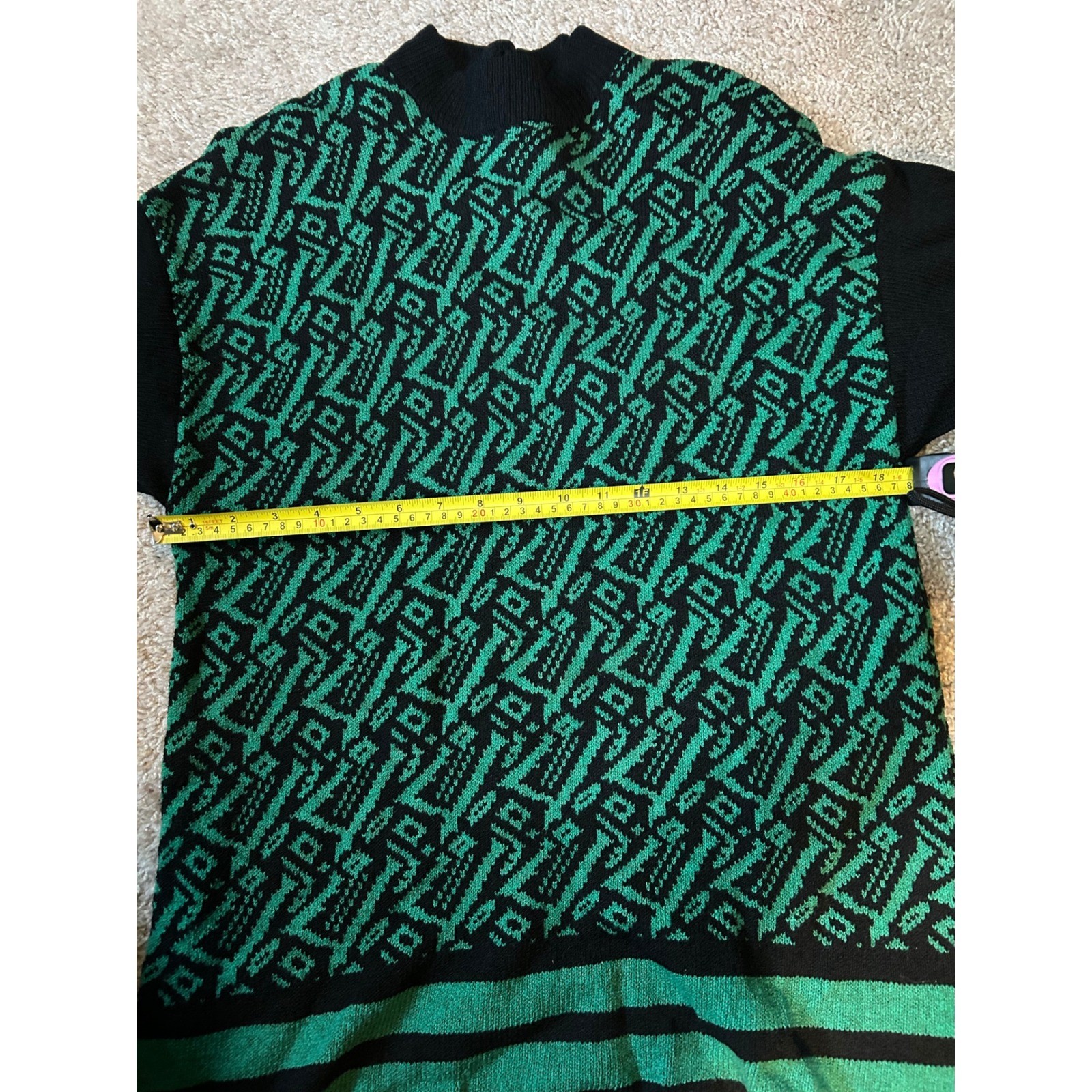 Helen Hsu Sweater Women Large Green Geometric Knit Vintage Mock Neck Soft