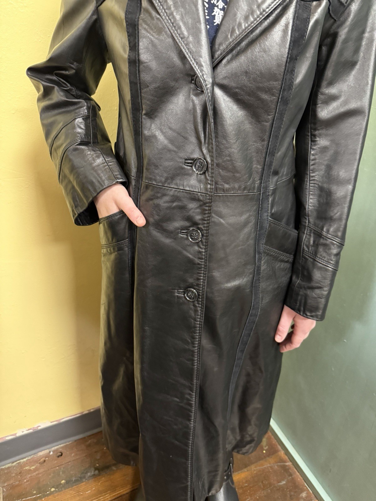 Vintage 70s The Tannery Montgomery Ward Black Leather & Suede Trench