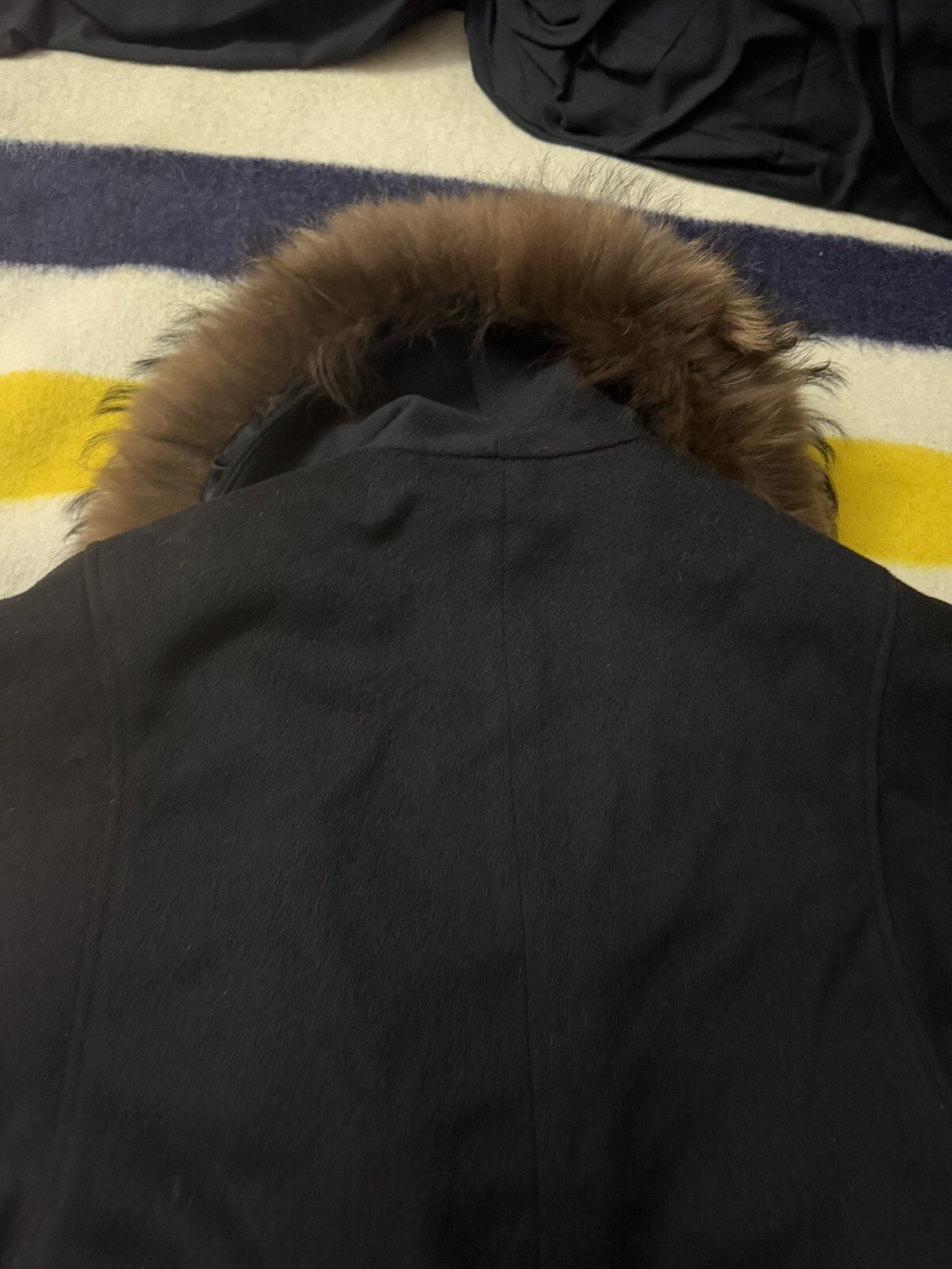 Vintage Gemini Black Full Length Wool Coat Jacket Finncoon Raccoon Fur Collar XL