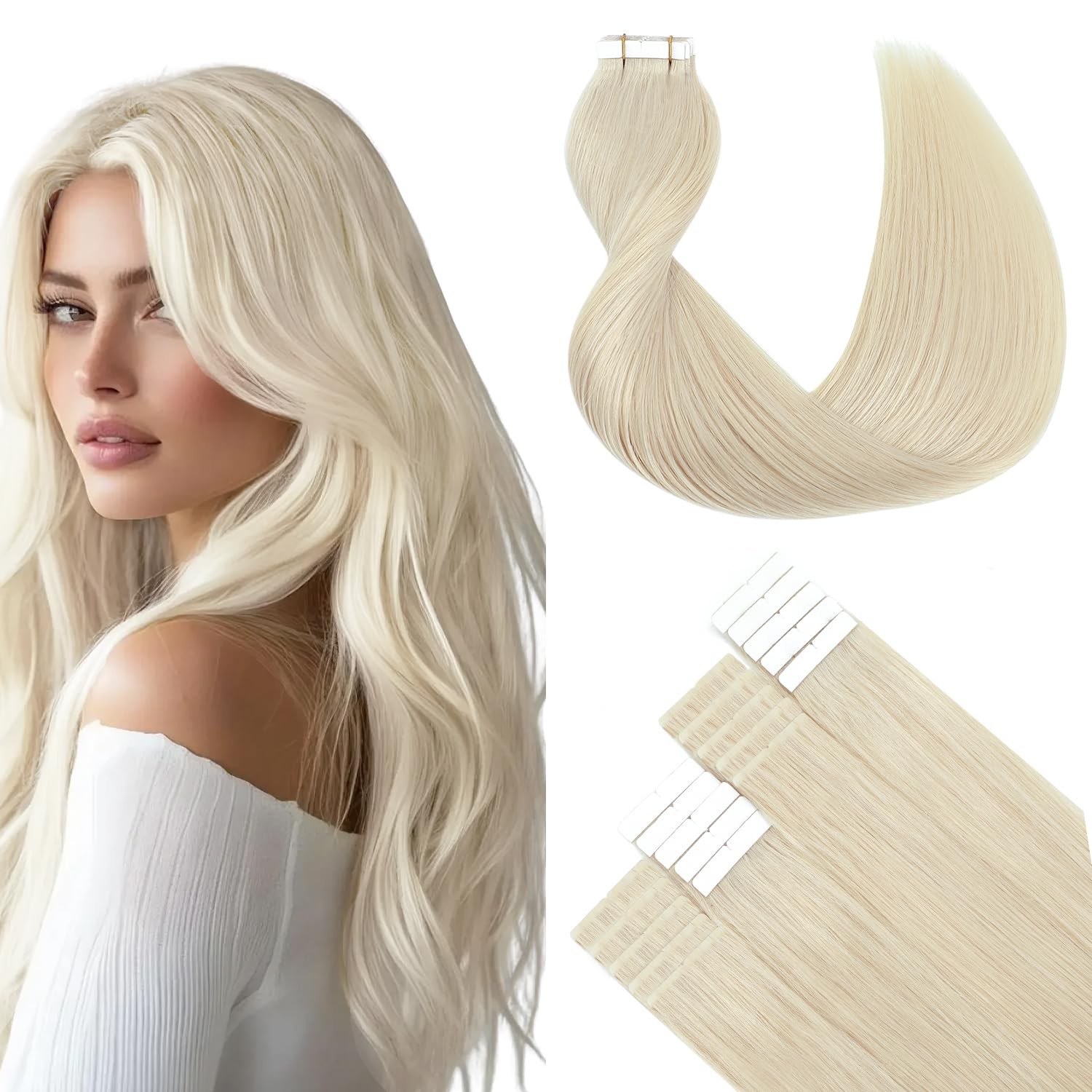 SURNEL Tape in Hair Extensions Human Hair #60 Platinum Blonde 14in 20pcs 50g