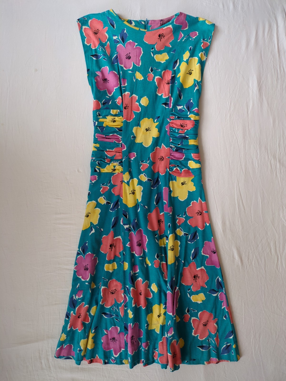Vintage Midi Blue Pink Yellow Floral Hawaiian The Kollection LTD Dress