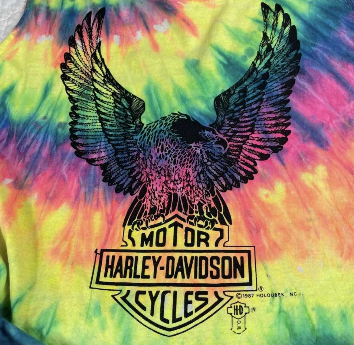 RARE VTG Harley Davidson Dress 1987 Holoubek Tie Dye Grunge Mini Flare Dress