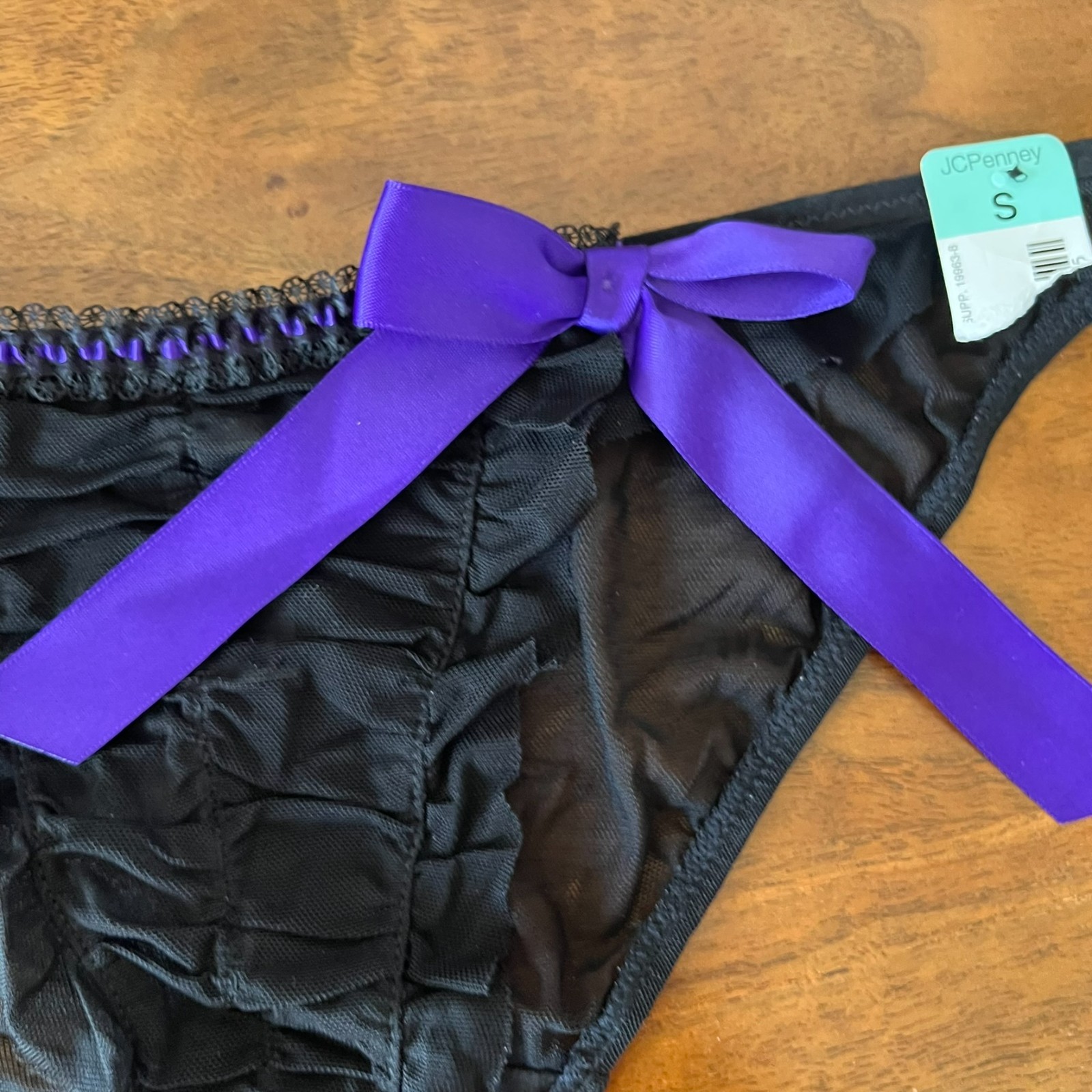 NEW Vintage Delicates Mesh Panties Black Purple Bow JCPenney SMALL 5 Cheeky Cut