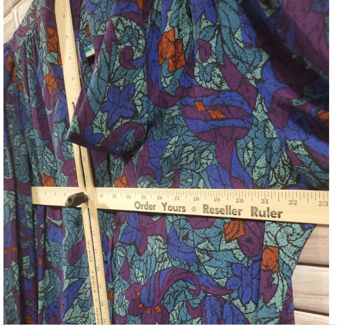 Y2K Pykettes Womens L Blouse Covered Buttons Blue Floral cowl neck long slee VTG
