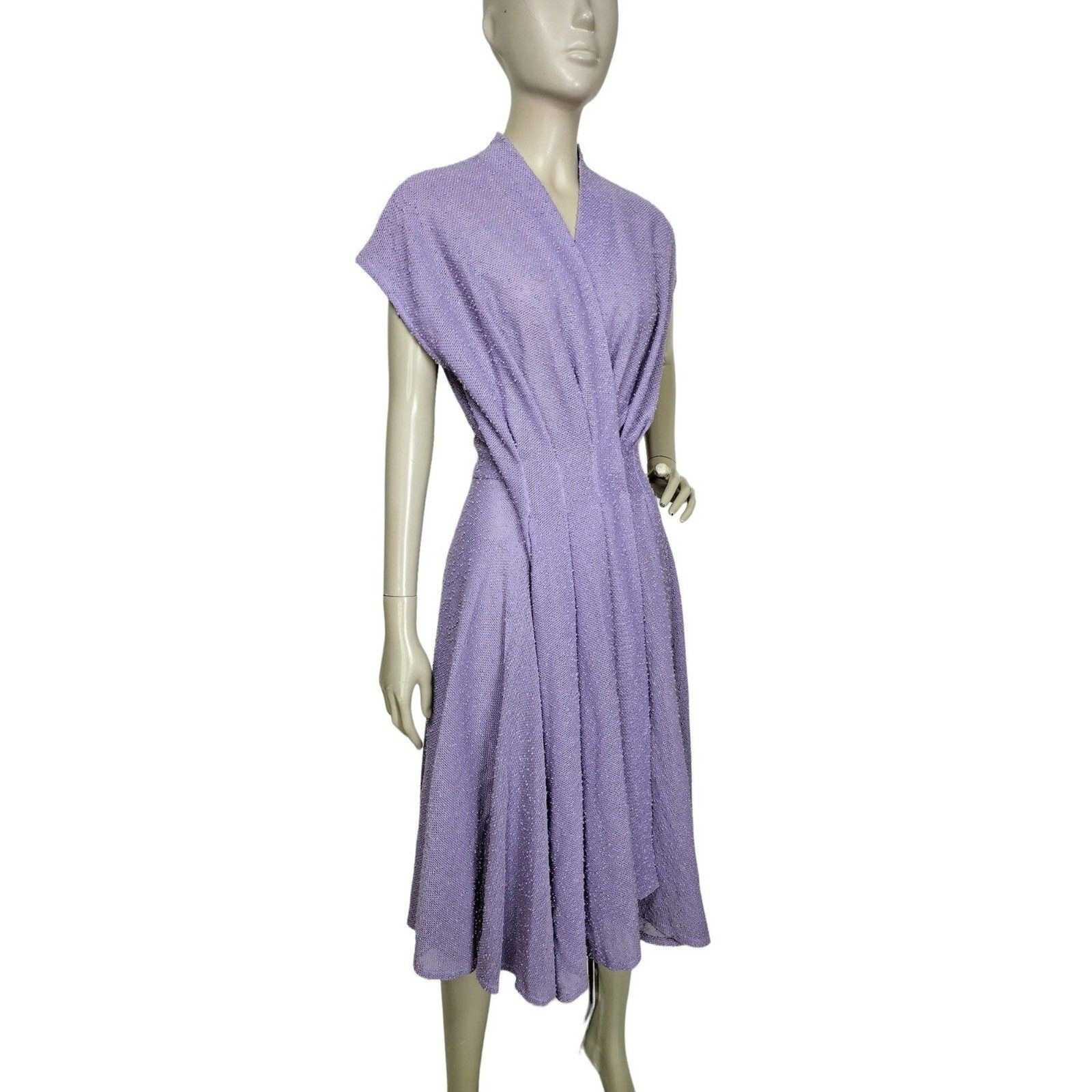 Vintage 70s Julie Miller of California Purple Wool Boucle Pleated Wrap Dress M/L