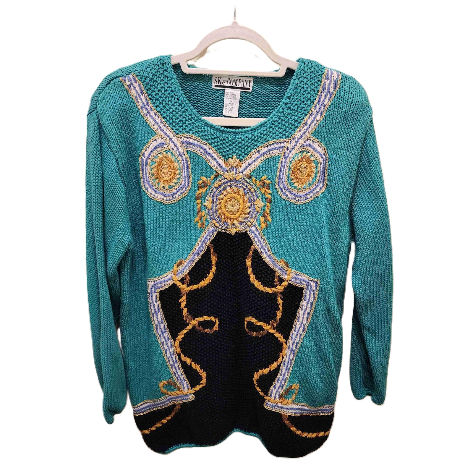 Vintage SK & Company Womens Size Medium Green Knit Sweater Long Sleeve Art