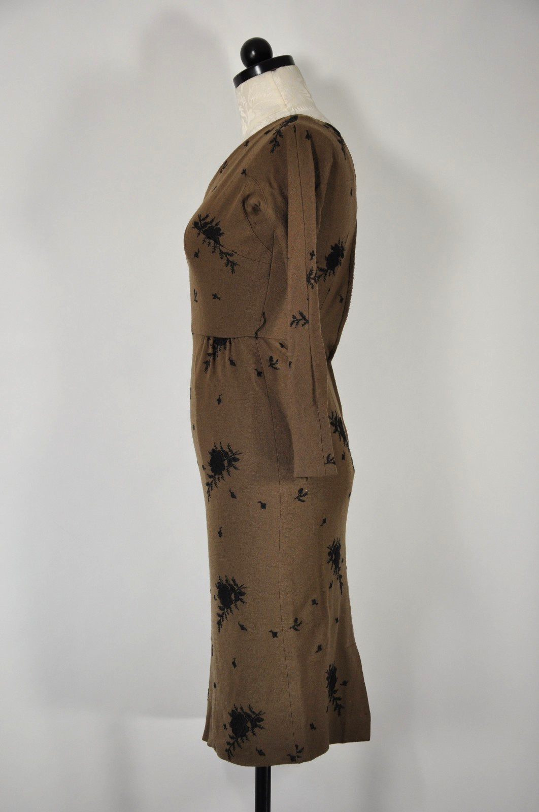 60s Vintage Brown Wool Rose Floral Embroidery Midi Sheath Wiggle Dress Women XS