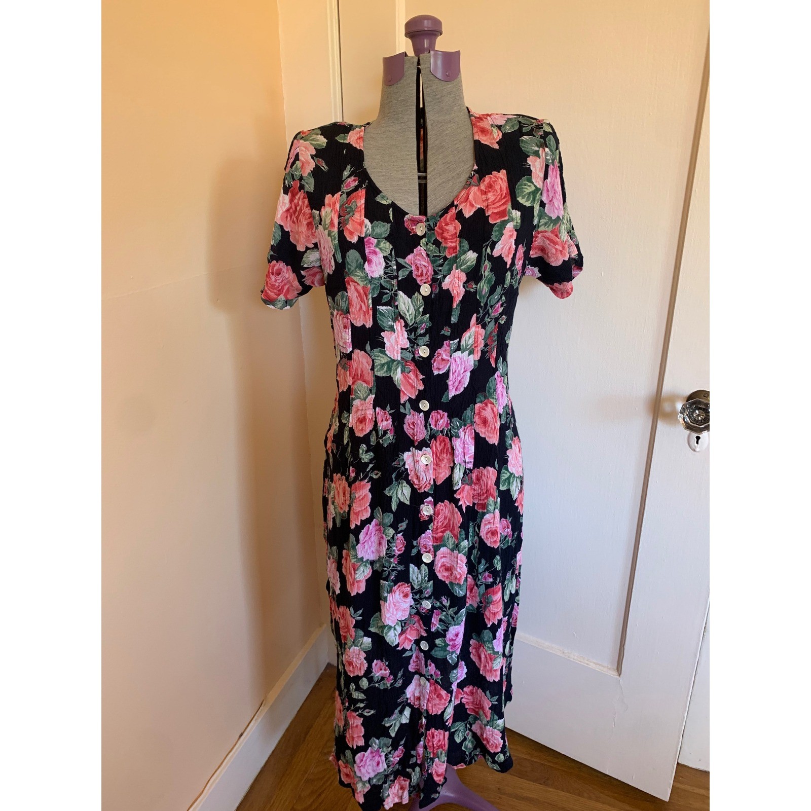 La Cera Vintage 90s Floral Rayon Crepe Midi Dress XL Black Pink Rose Cottagecore