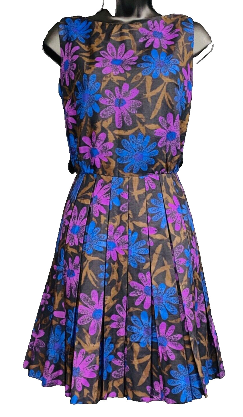 Vintage 1960s purple floral dress, sleeveless blue black pleated mod mini XS