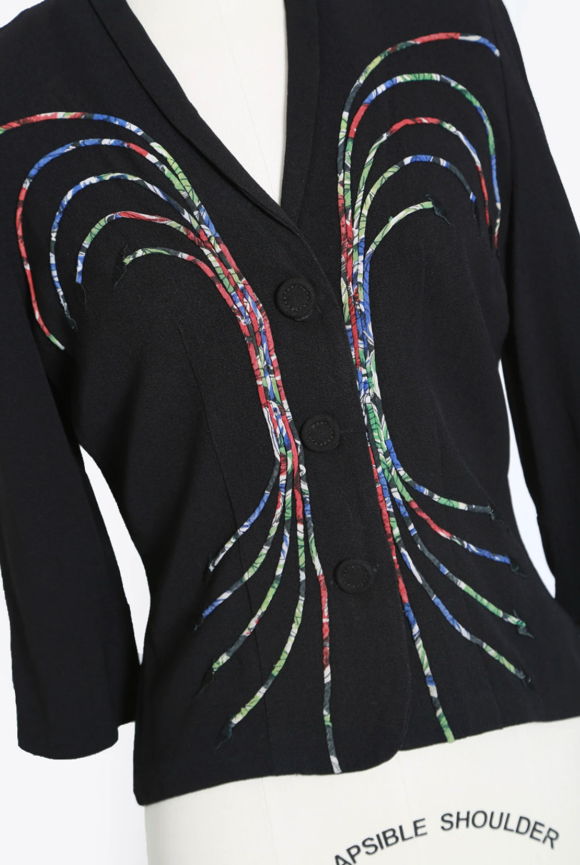 Vintage 40s rayon crepe embroidered rainbow arrow blouse
