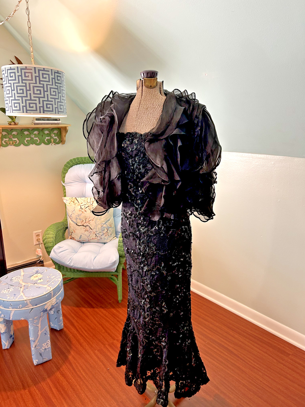 1960s 1970s Incredible Black Sequin Mermaid Gown With Statement Ruffle Bolero