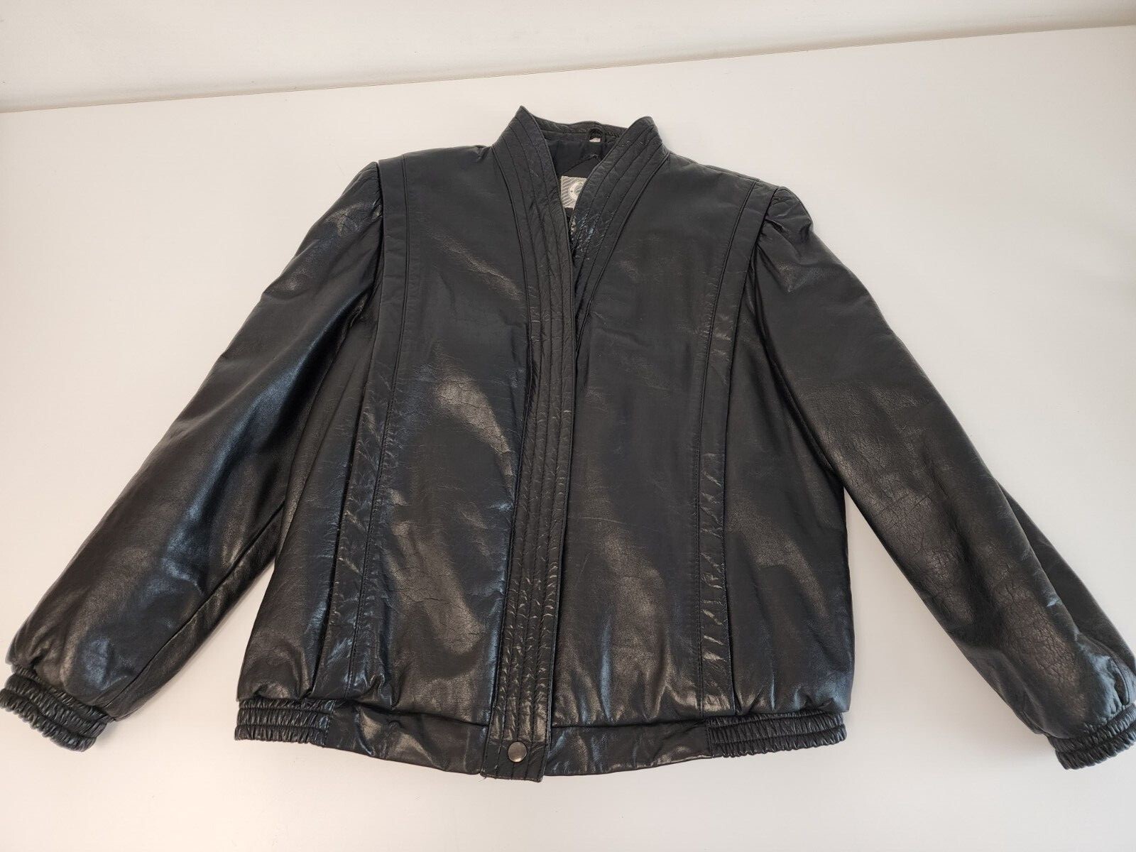 Vintage Womens Black Leather Jacket Bomber Full Zip Elastic Waist Size 13/14
