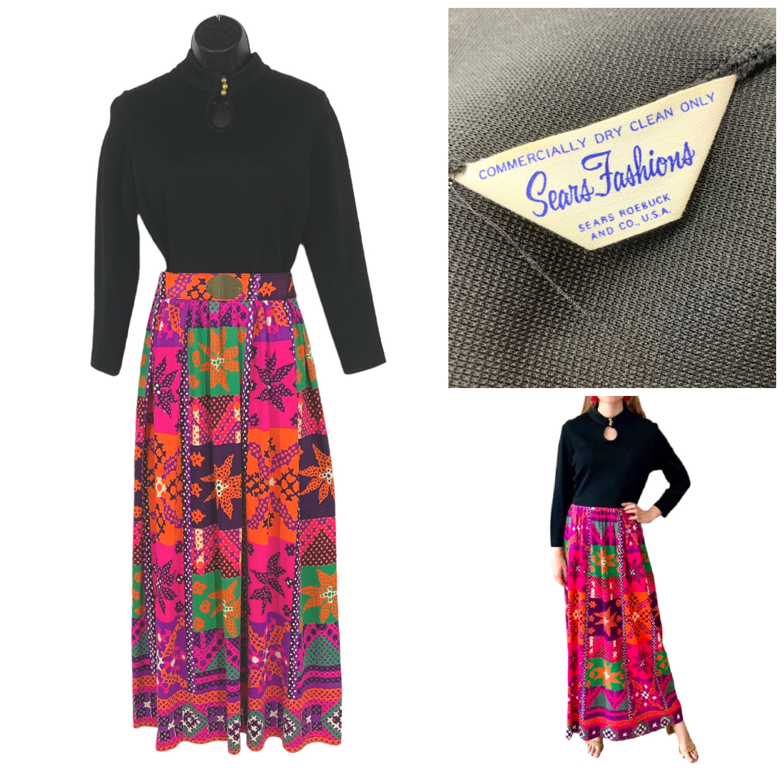 True Vintage 1970’s Sears Fashions Sz 12 Maxi Dress Hostess Gown Psychedelic NEW