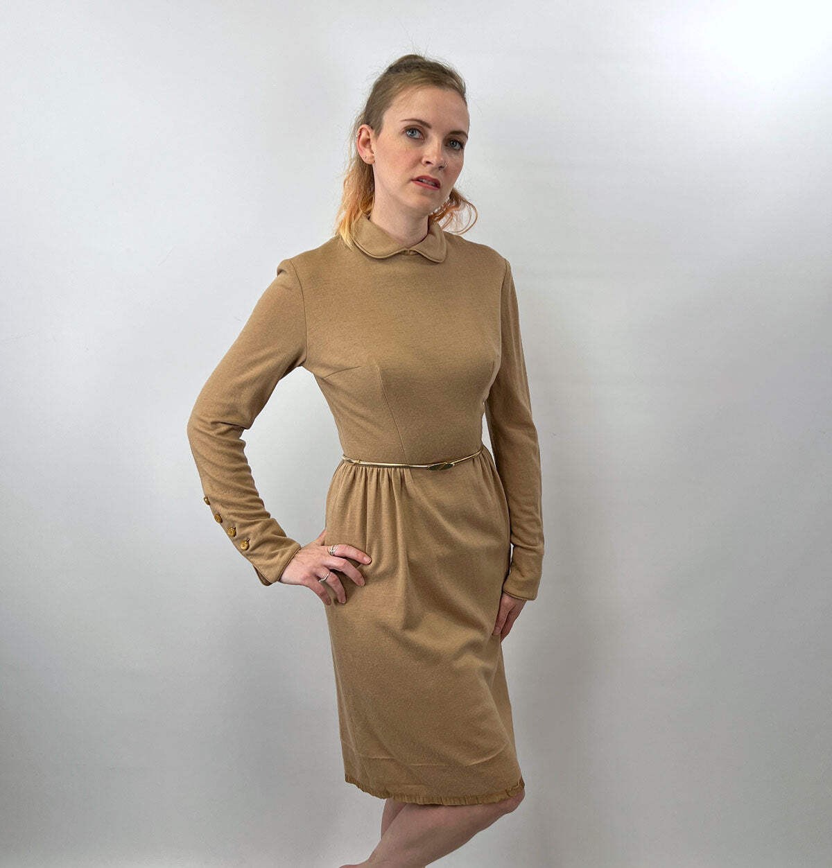 Vintage 50s 60s Day Dress Camel Knit Designer Anne Fogarty Cic Elegant