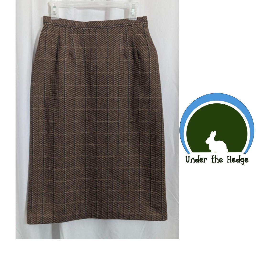 Vtg 80s Ira Joyce Brown Tweed Wool Blend Midi Skirt 28.5W Dark Academia T1