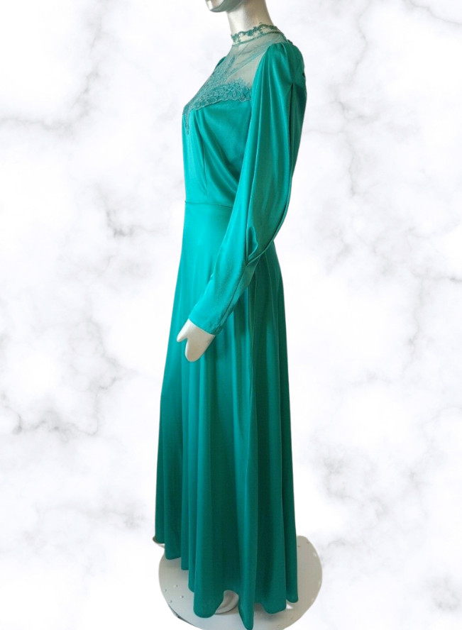 Vintage Unknown Brand Semi Sheer Long Sleeve Maxi Formal Prom Dress Green Sz Med