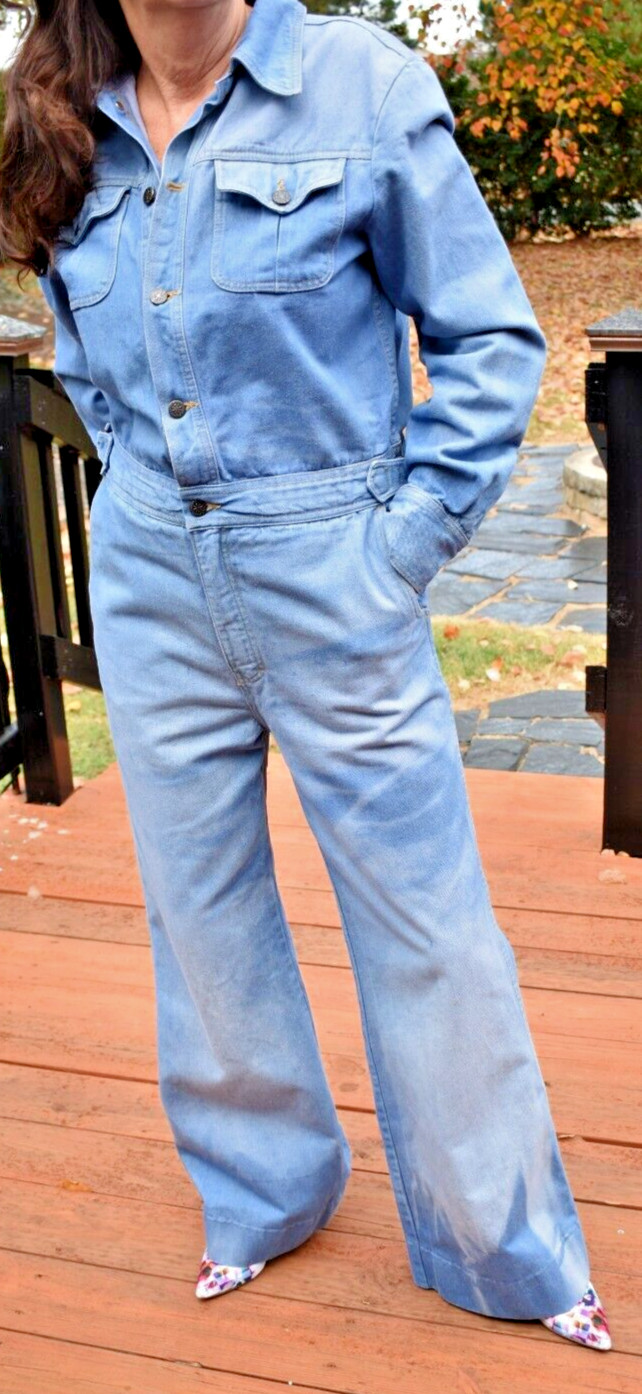 Vintage Brittania Denim Flared Leg 70s Long Sleeve Jumpsuit Romper Overall Large