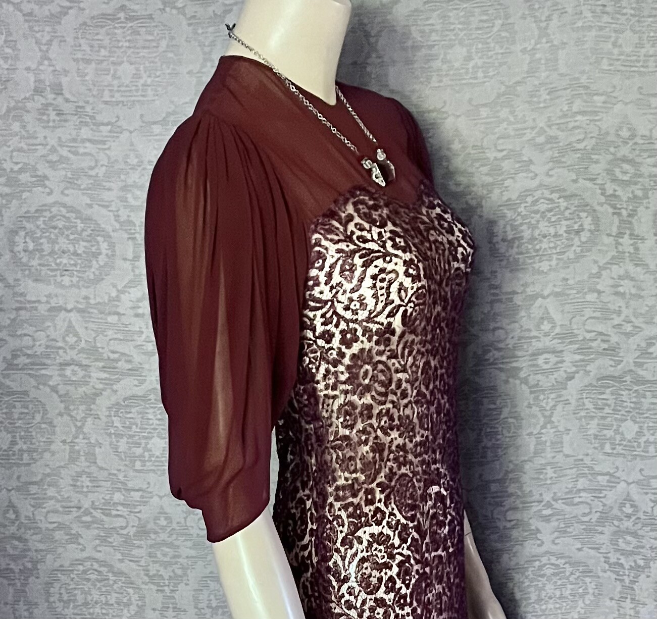 Charming 1930s Plum Silk Lace, Chiffon Occasion Dress, Excellent, Petite, Small