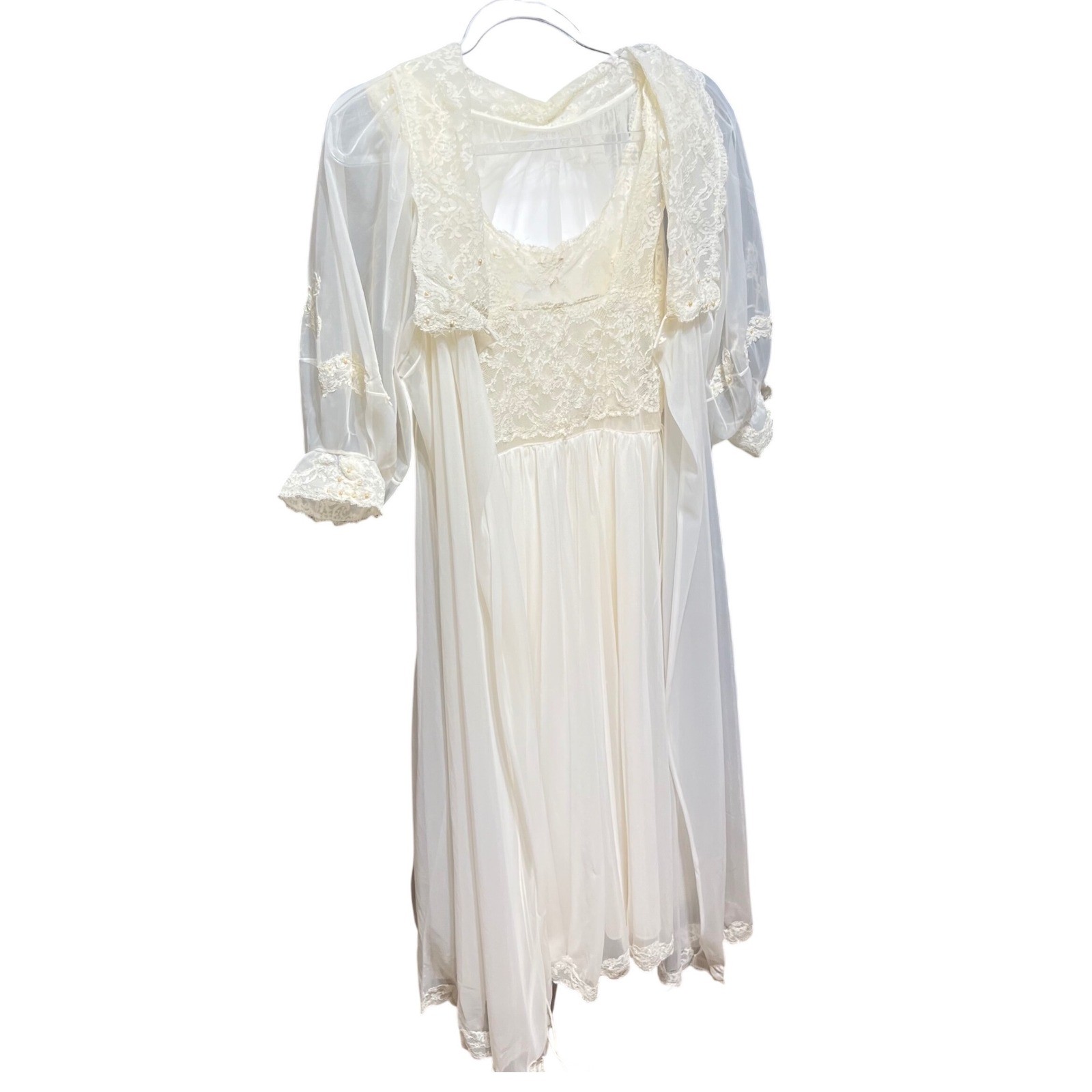 Vintage Ivory Lace Peignoir Set Bridal Nightgown and Sheer Robe Pearl Detail