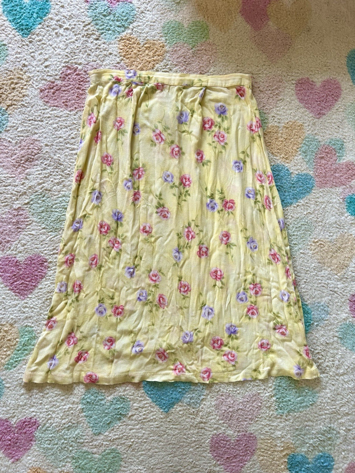 vintage y2k pastel yellow pink and purple floral midi skirt size L/XL
