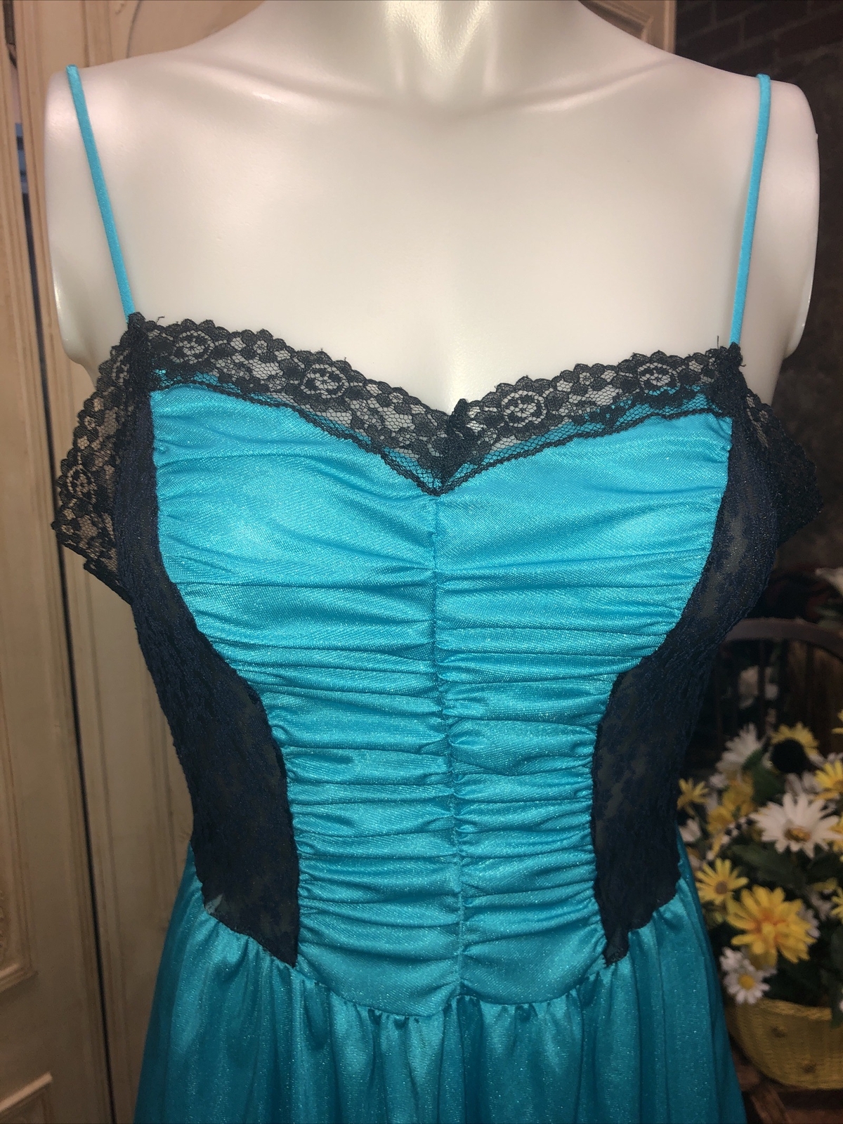 Vintage Long Teal And Black Sleeveless Nightgown S-M Petite