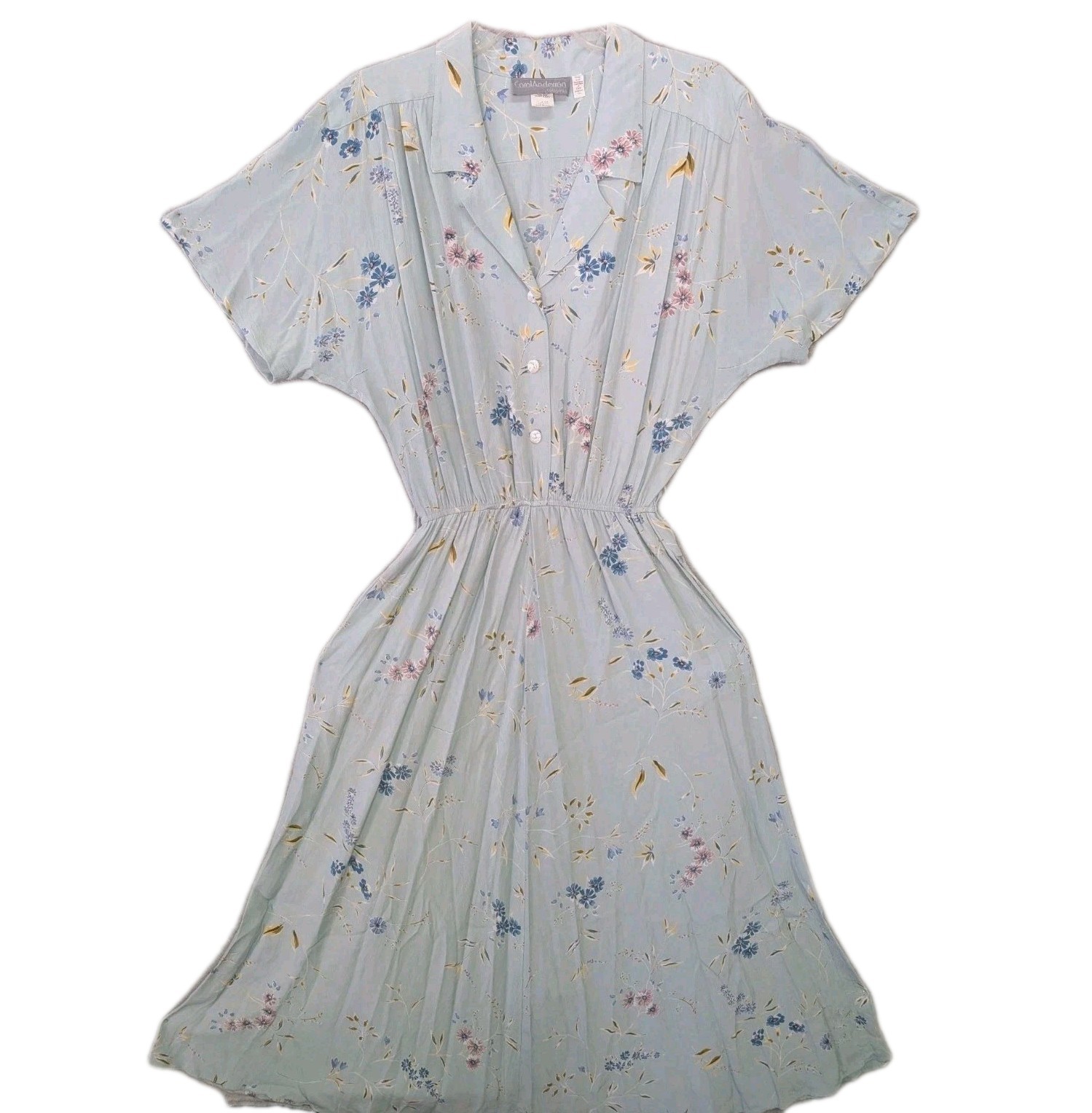 Vintage 80/90’s CAROL ANDERSON Blue Floral Rayon SHIRT DRESS – Size M/L – EUC