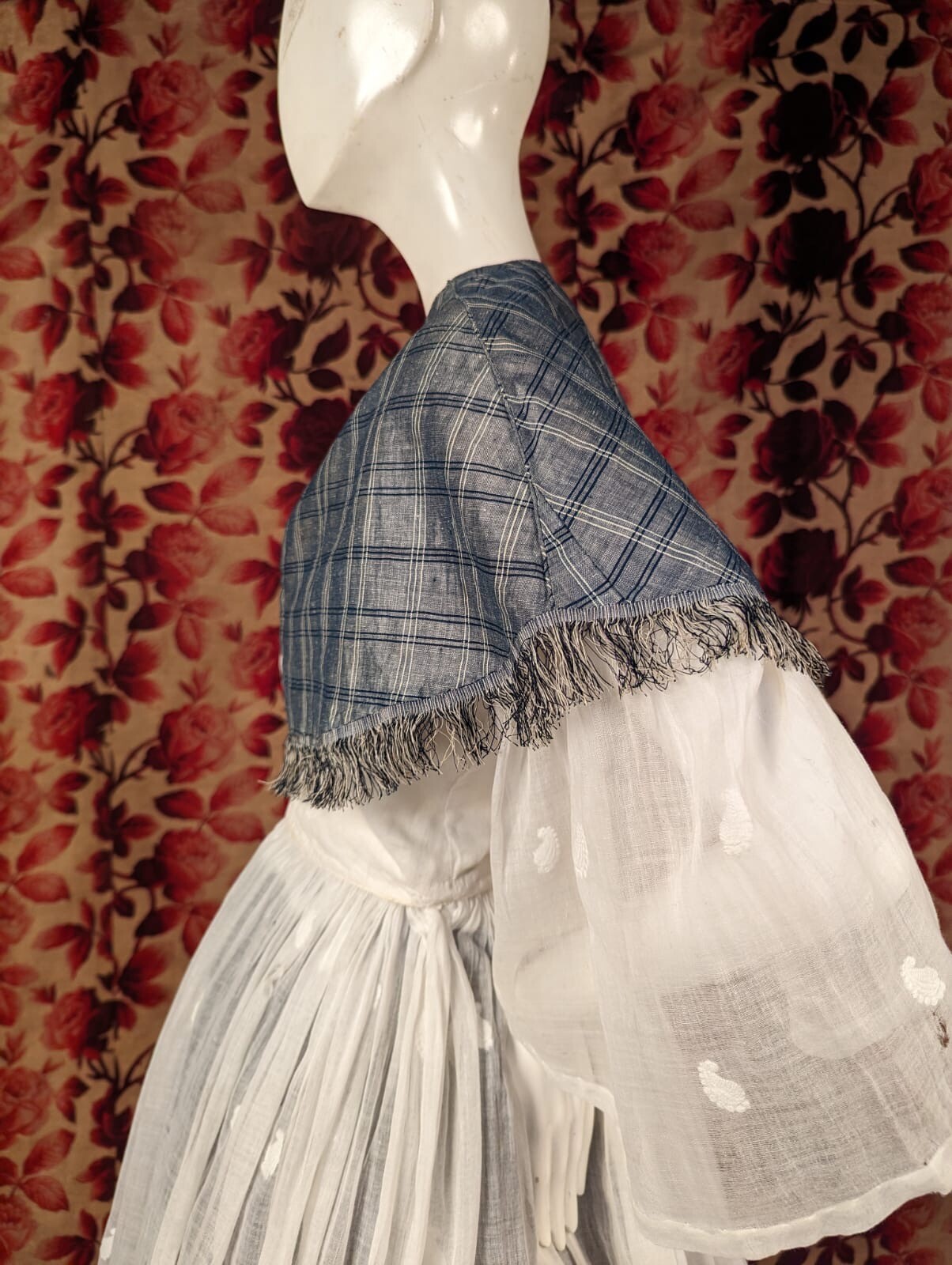 MID 19TH C BLUE GREY PLAID PELERTINE CAPE FOR DRESS W SILK FRINGE TRIM