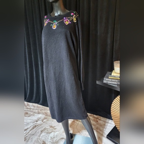 PLAIN JANE VINTAGE JEWELED SWEATER DRESS BLACK LARGE