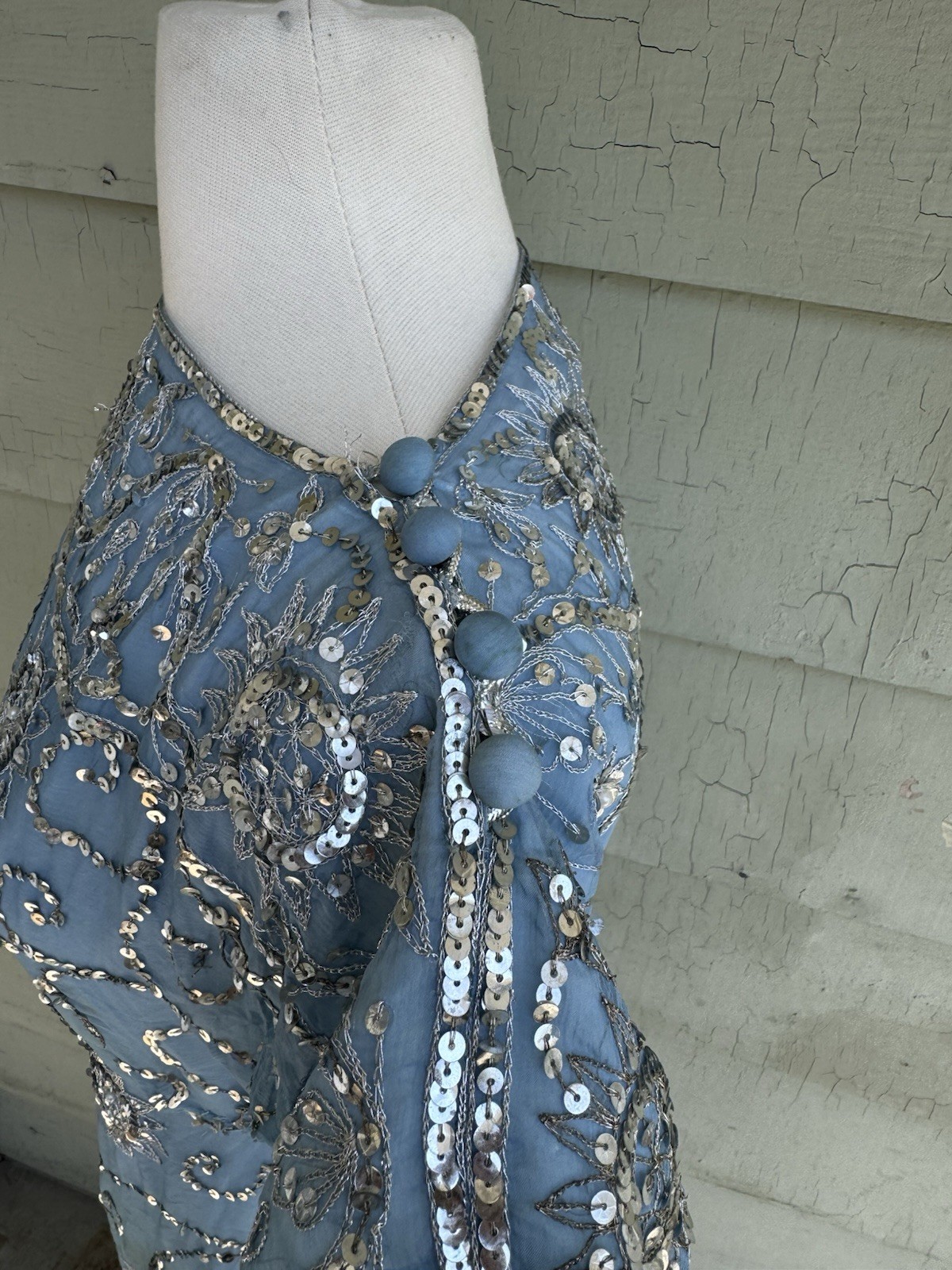 Vtg 60’s Profils Du Monde Beverly Hills Baby Blue Gown Silver Sequins Silk S
