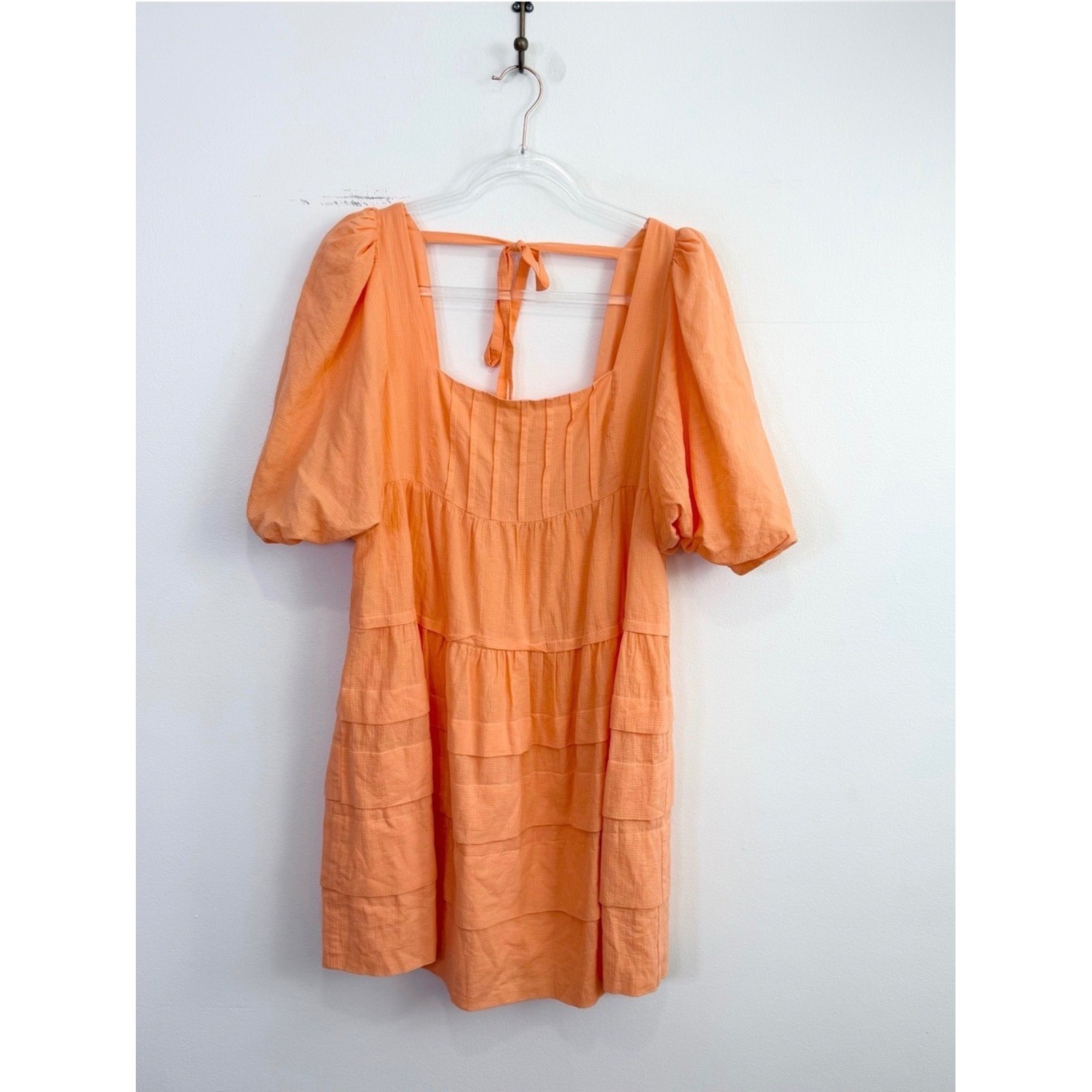 Anthropologie Peach Puff Sleeve Square Neck Tiered Mini Dress Size M