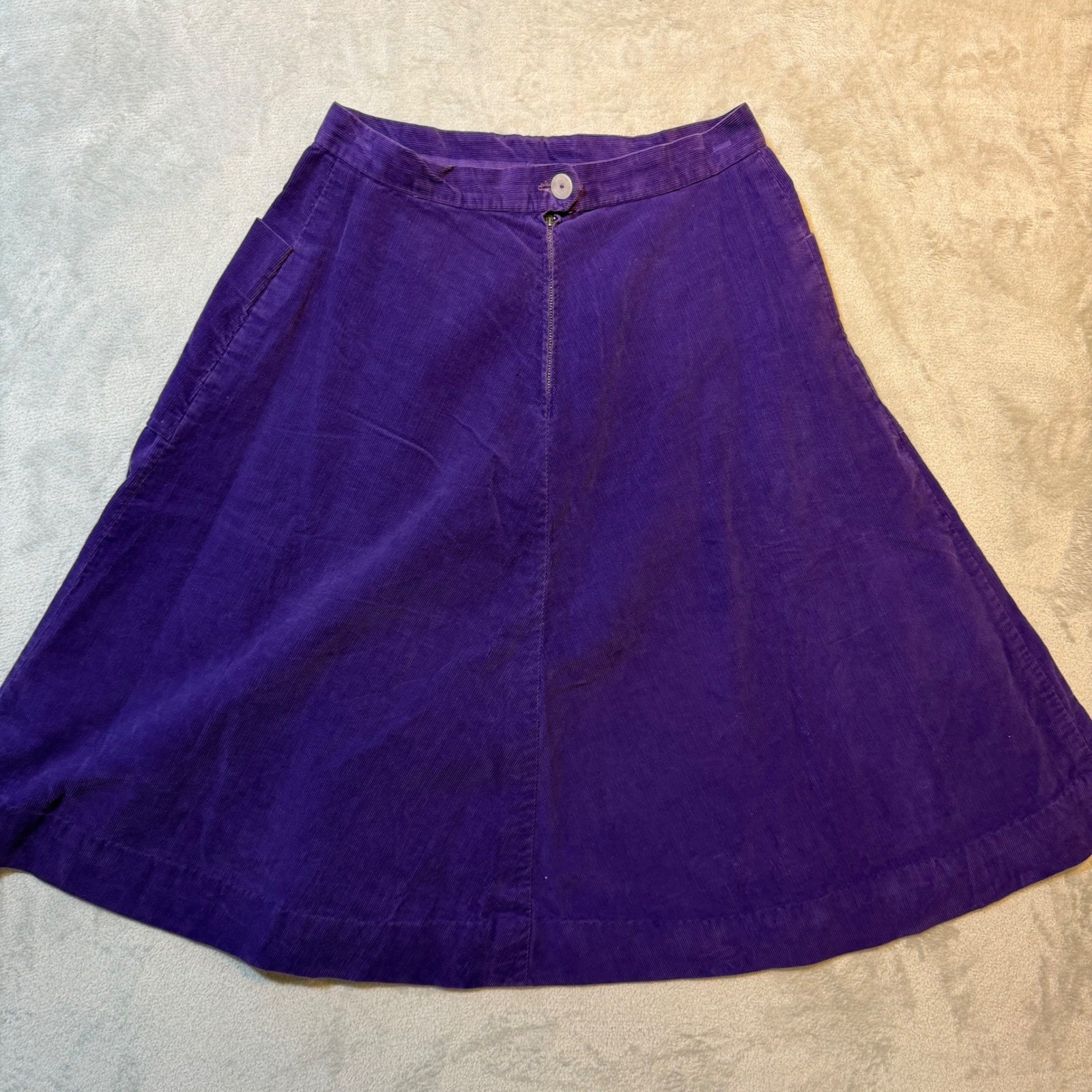 Vintage Purple Corduroy A-Line Midi Skirt 70s Talon Zip Patch Pockets Boho Retro