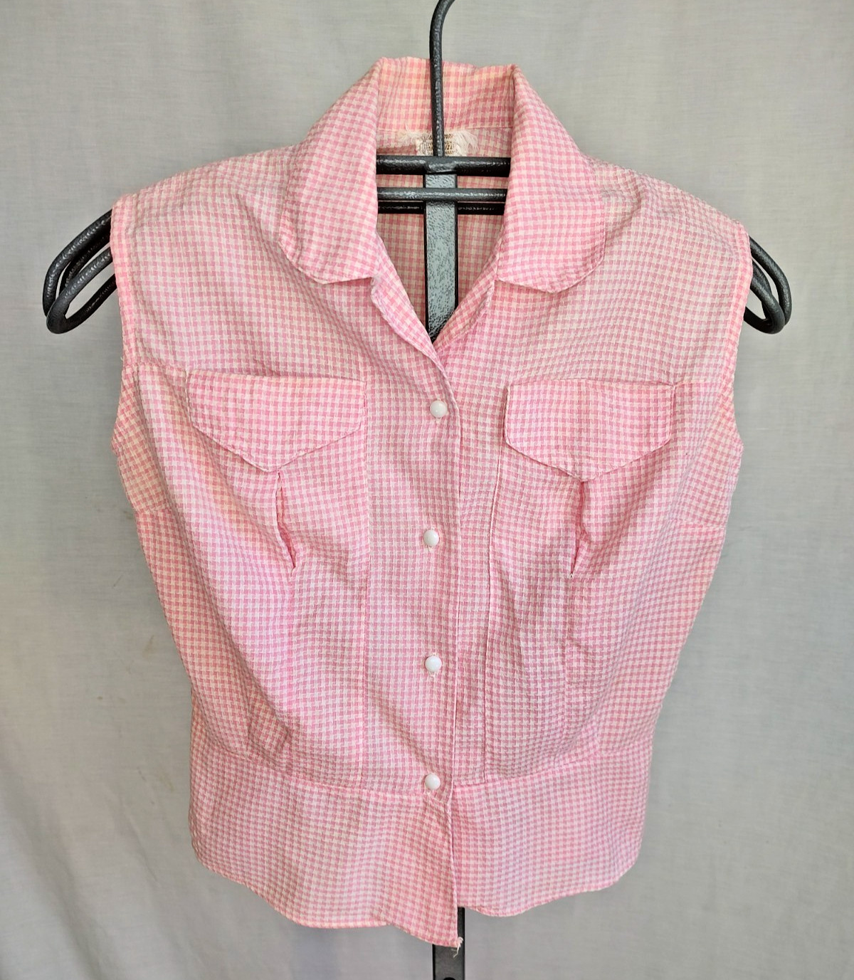 Vtg 60s Womens Sanforized Gingham Shirt Top Sz 34 Pink Check Fitted Rockabilly