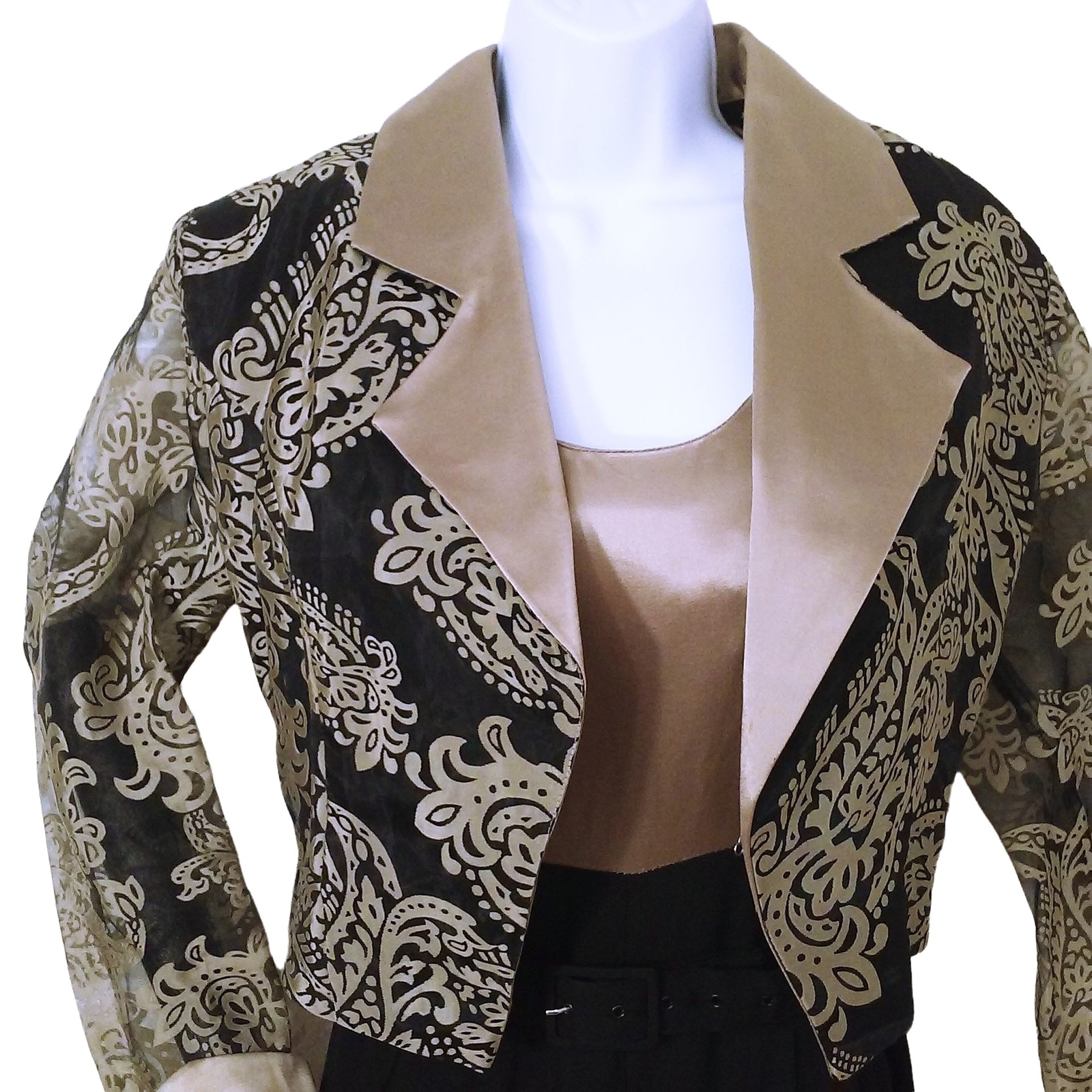 Vintage 90s 2-pc Set JumpSuit Jacket 6/8 Pockets Two-tone Scroll Champagne Black