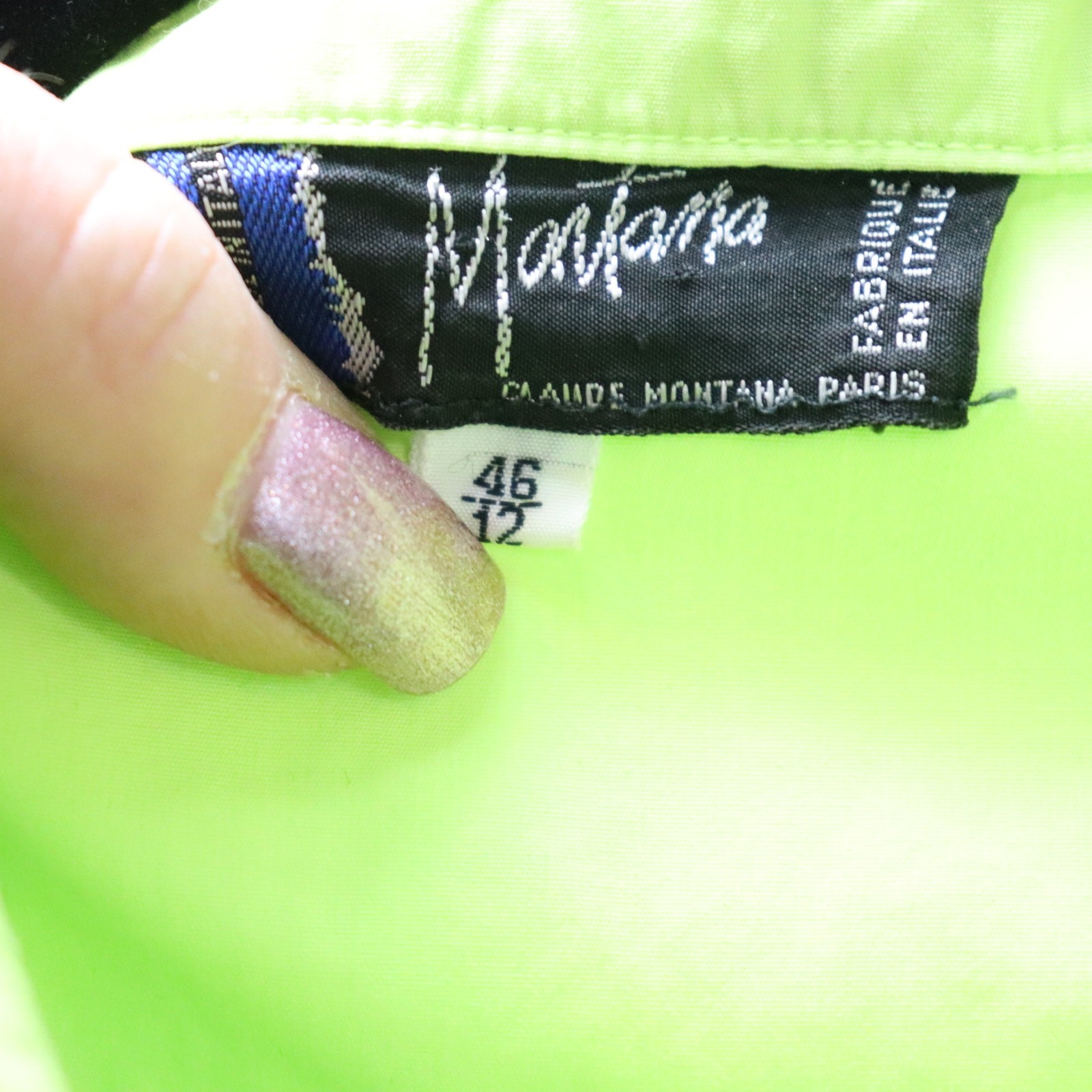 Vintage Claude Montana Neon Green Black Colorblock Blouse Italy Size 46