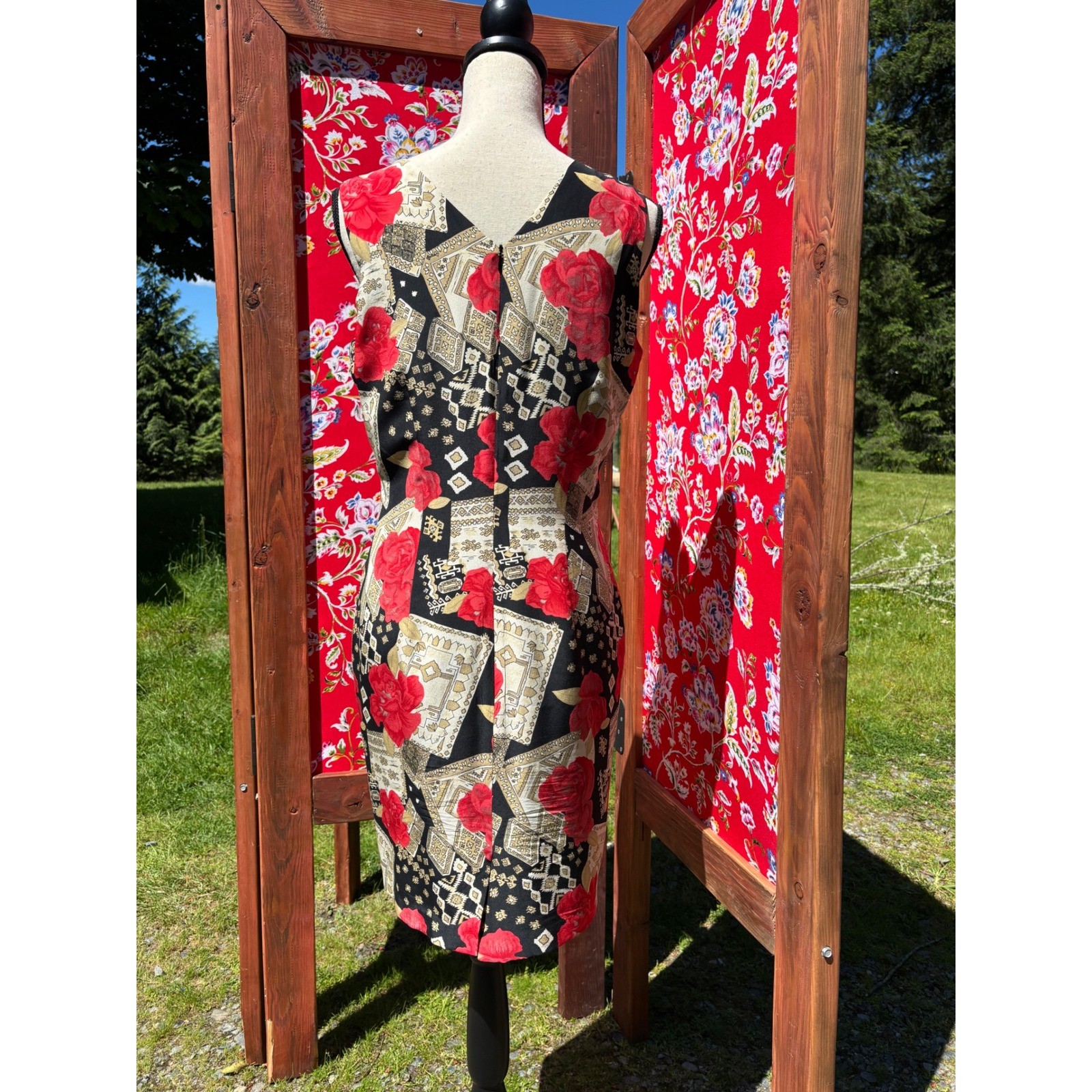 100% Silk Vintage Red Black Patchwork Print Boho Chic Euro Summer Dress Size S-M