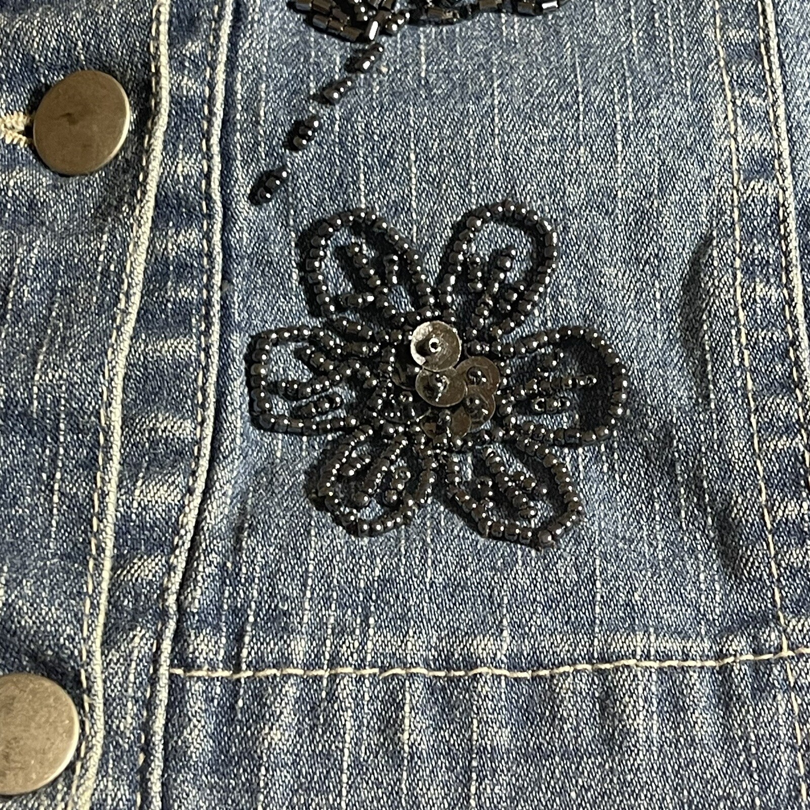 Flashback Vintage 1990’s Womens Beaded Floral Denim Jean Vest – Petite Medium