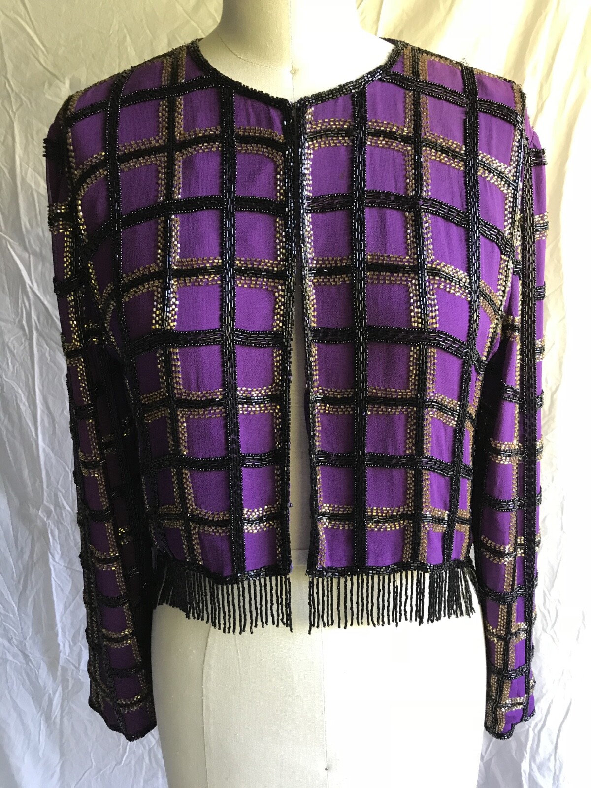 Vintage 80’s Purple silk evening jacket with black and gold beading & fringe