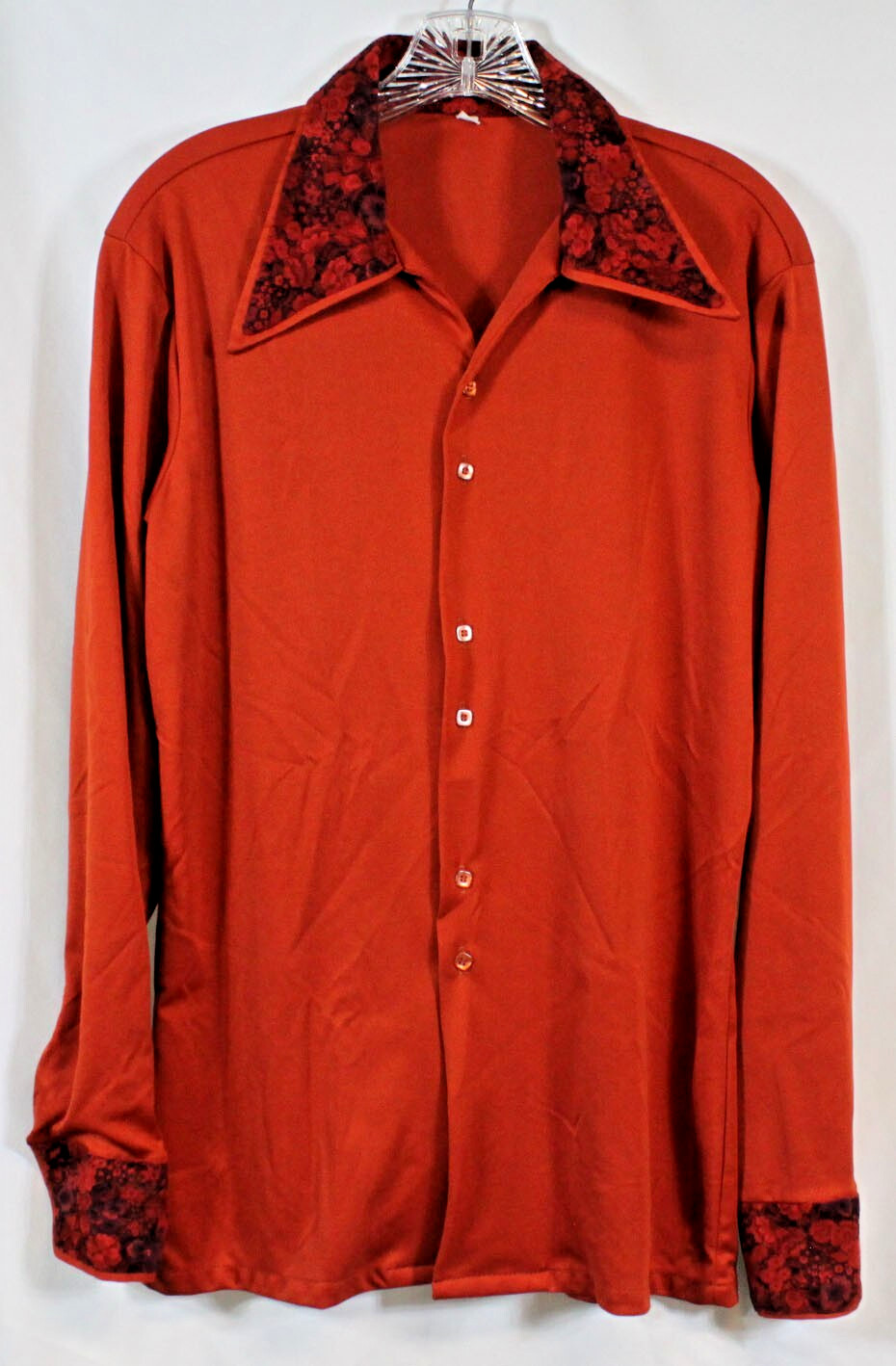 Vtg Disco Poly Shirt Mod Pointy Collar Retro MCM Velvet Trim Rust Orange 16 L