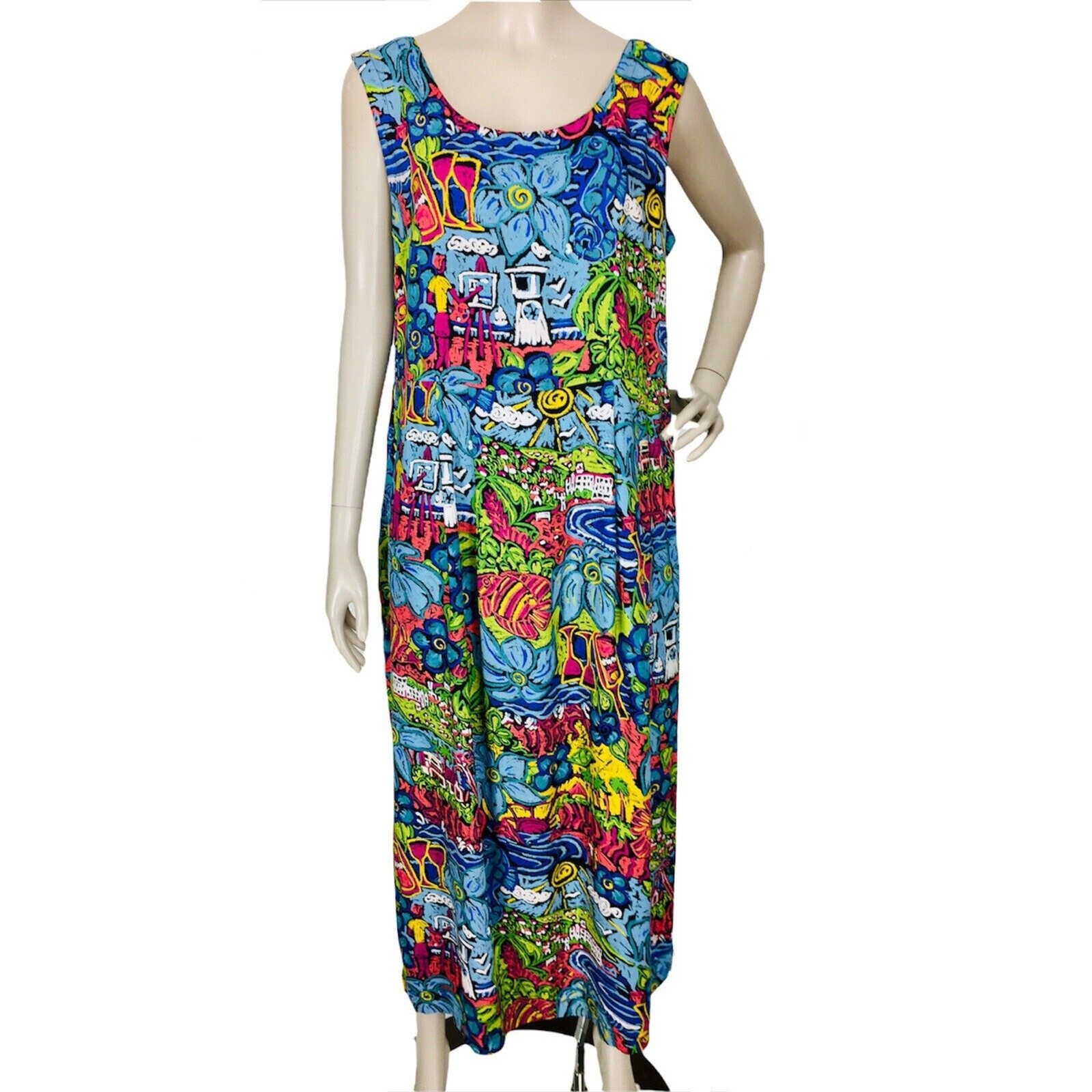 Vintage 80s Kahala Colorful Abstract Floral Sleeveless Hawaiian Maxi Dress