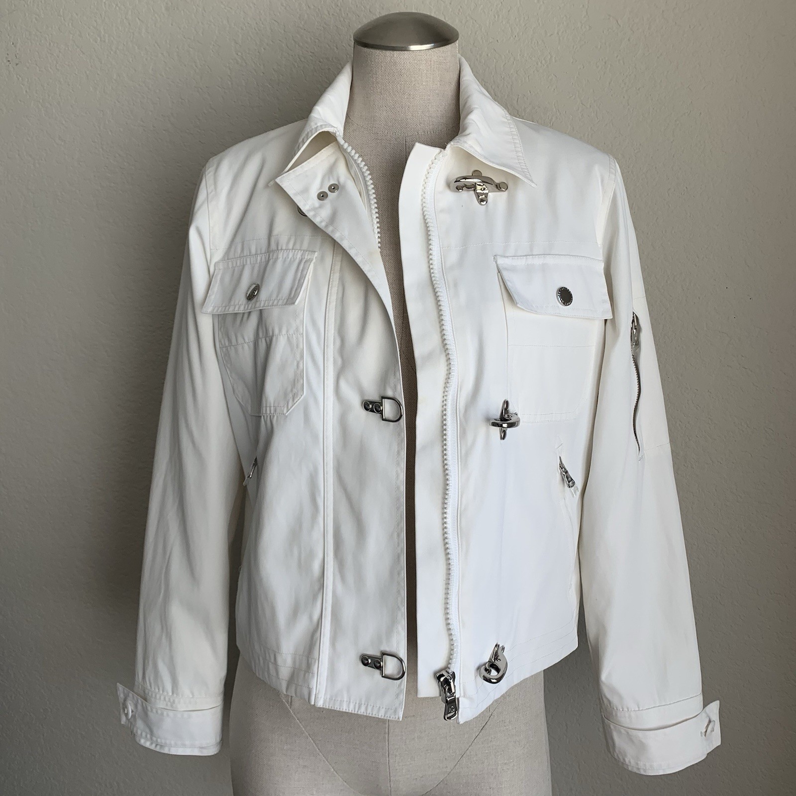 VTG Lauren Ralph Lauren Fireman Jacket M White Nylon Insulated Lobster Clasp Y2K
