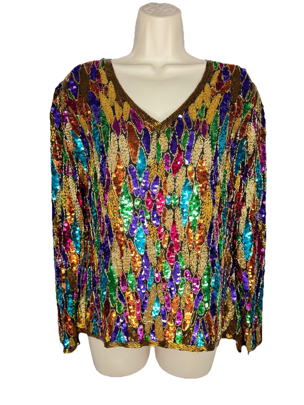 Niteline Vintage Heavy Multi Color Rainbow Beaded V-neck Sequin Top Sz 8