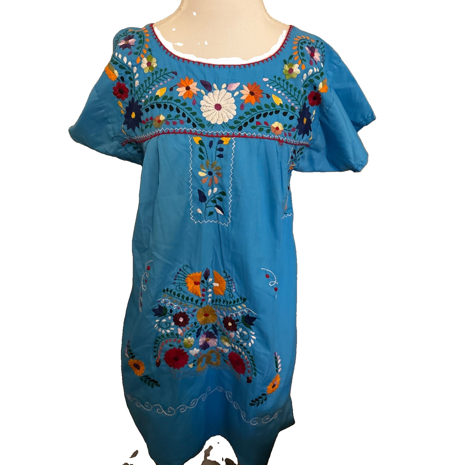 BEAUTIFUL MEXICAN OAXACAN BLUE Multi Colored EMBROIDERED VINTAGE DRESS -S/M