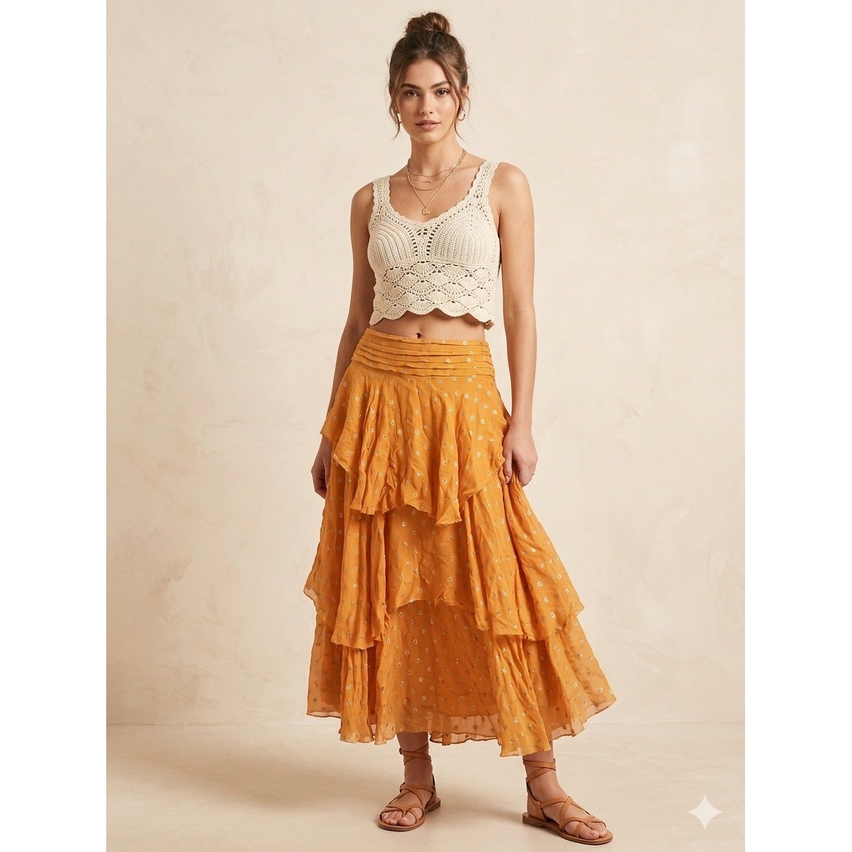 New Farm Rio Maxi Skirt Small Tiered Orange Metallic Gold Dots Boho Hippie NWT