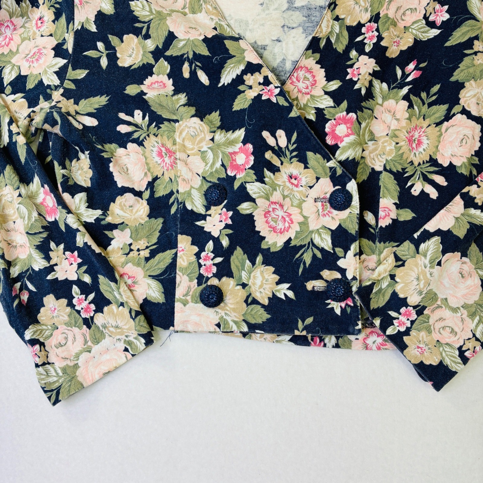 Vintage Byer Too Floral Cropped Jacket Navy Blue Pink 90s Made in USA Size 9