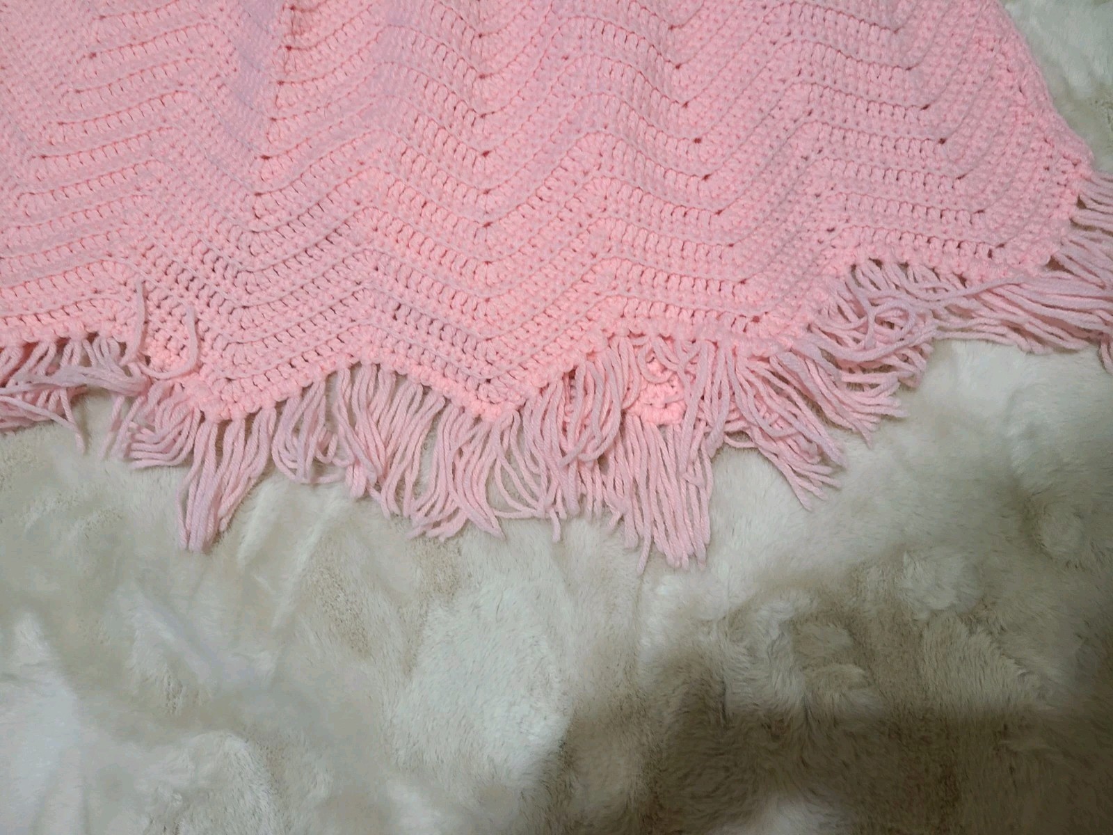 Pink Crochet Cape W/Fringe Button Front Handmade Vtg OSFM Cottage Core