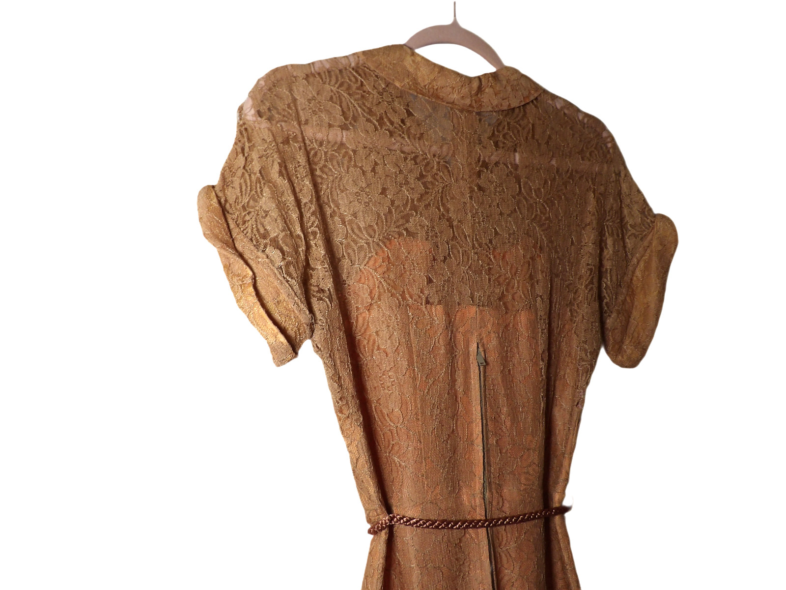 1930’s Vintage Terracotta Lace Dress w/ Collar + Button Down Size XS