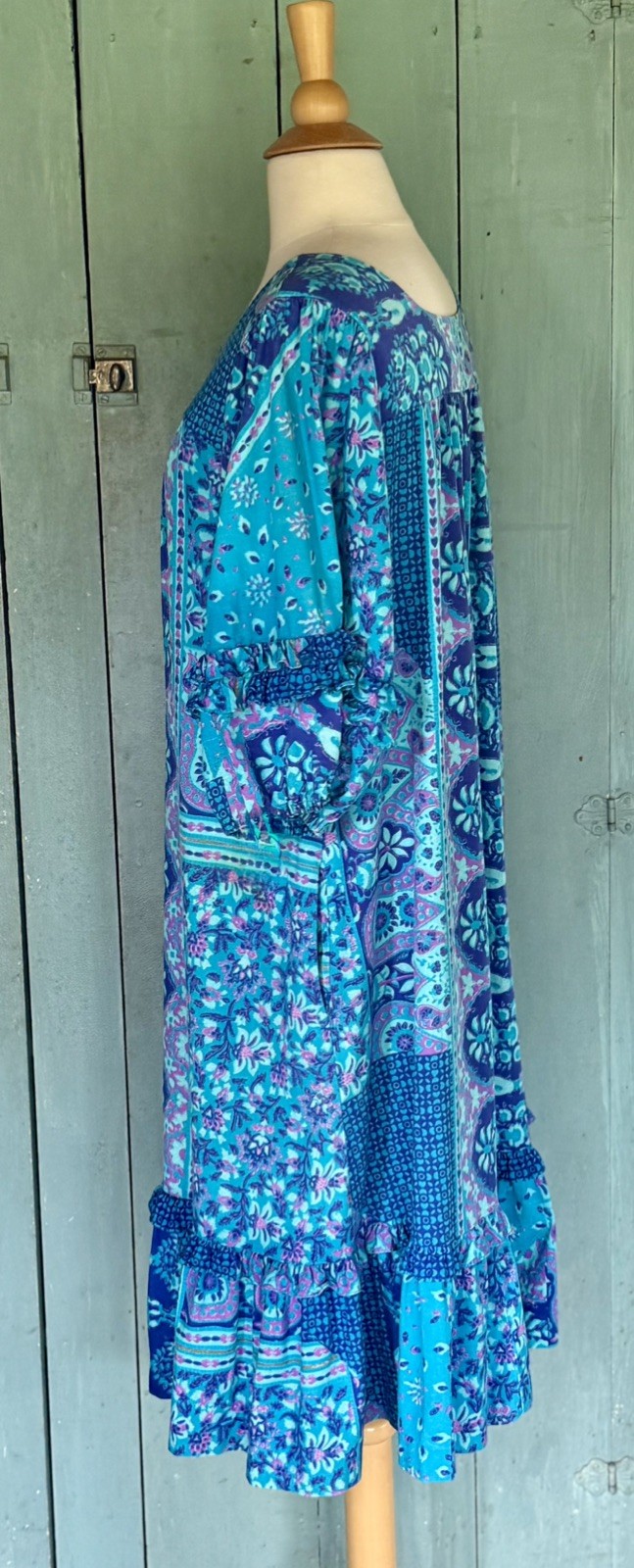 VTG Gerry CA Barkcloth Muumuu Patio Lounge Dress Rainbow Batik Psychedelic Mod M