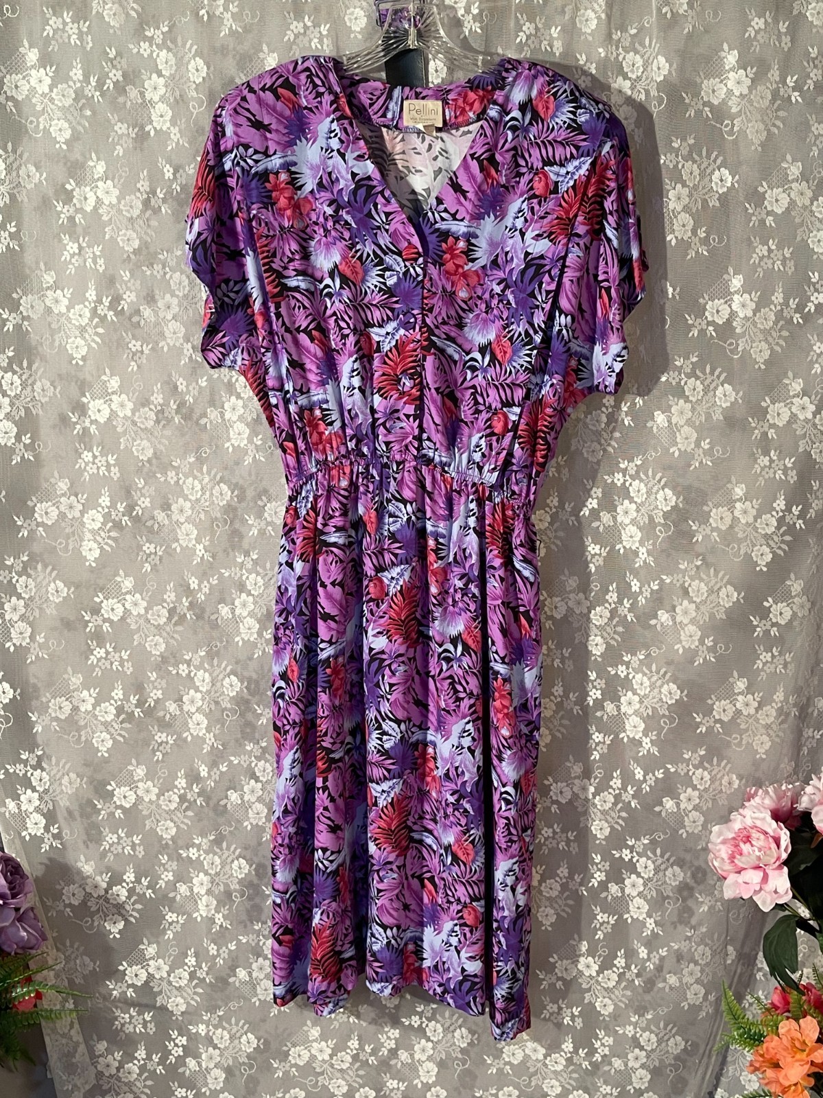 Vintage 80s Purple Dress Size XL 1980s Retro Tropical Floral Rayon Shirt Waist