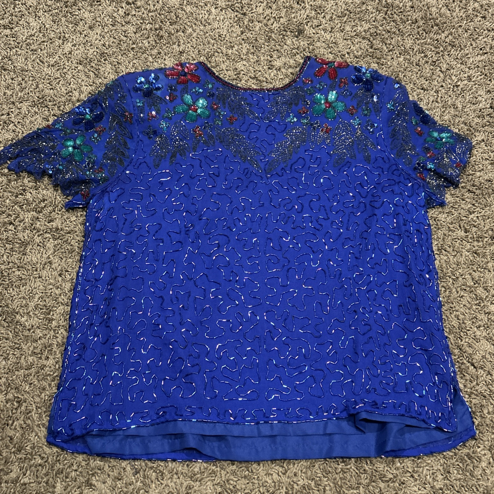 Vtg Miss Paillette Top Beading 100% Silk Purple Short Sleeve Size S B27