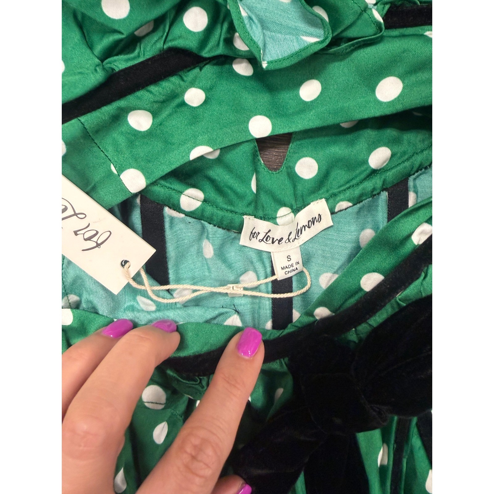 NWT For Love & Lemons Green Polka Dot Velvet Corset Trim Mini Dress – Size S